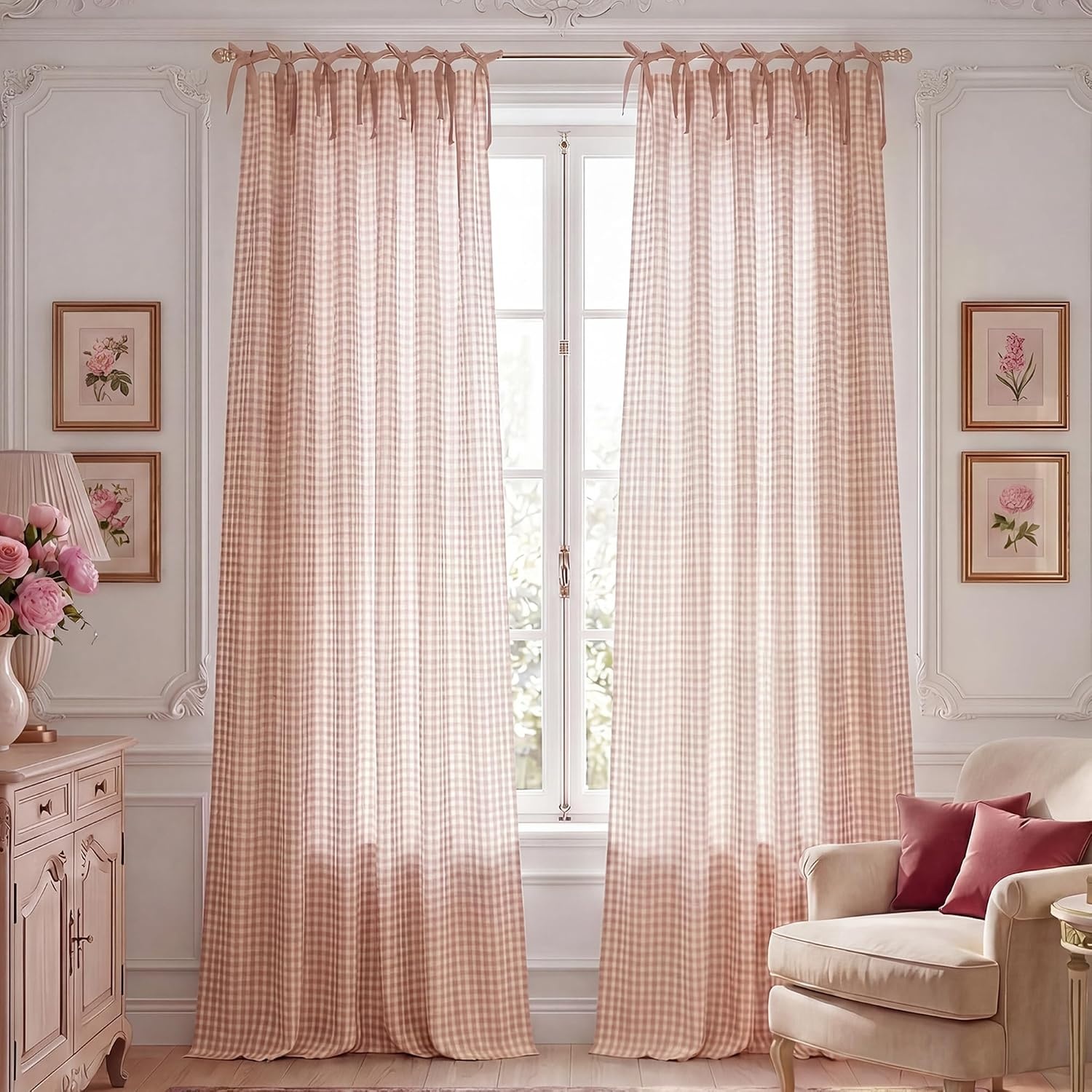 image:imageNICETOWN Tie Top Pink Linen Curtains for Girls Room W52xL84 2 PanelsBlush Pink