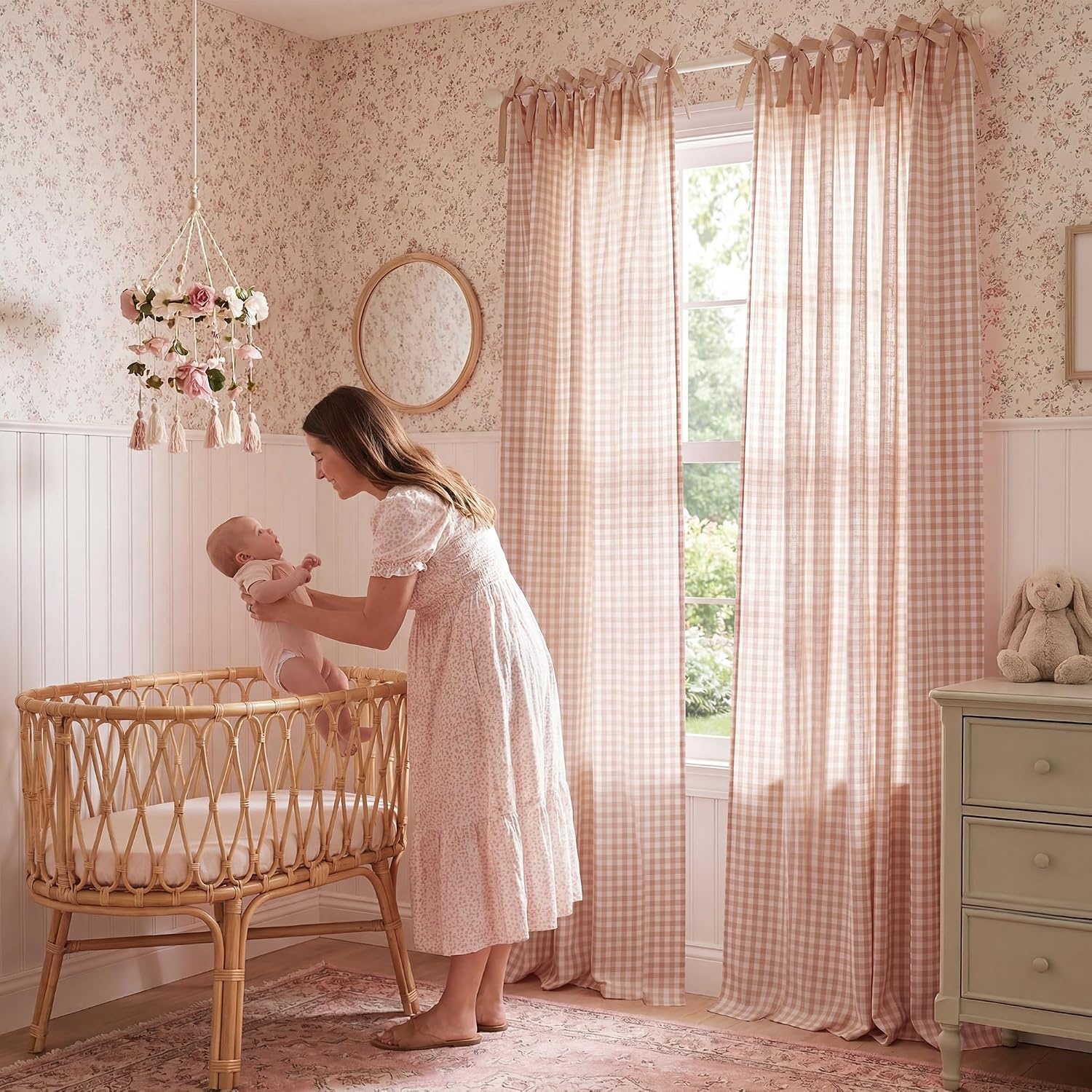 image:imageNICETOWN Tie Top Pink Linen Curtains for Girls Room W52xL84 2 PanelsBlush Pink