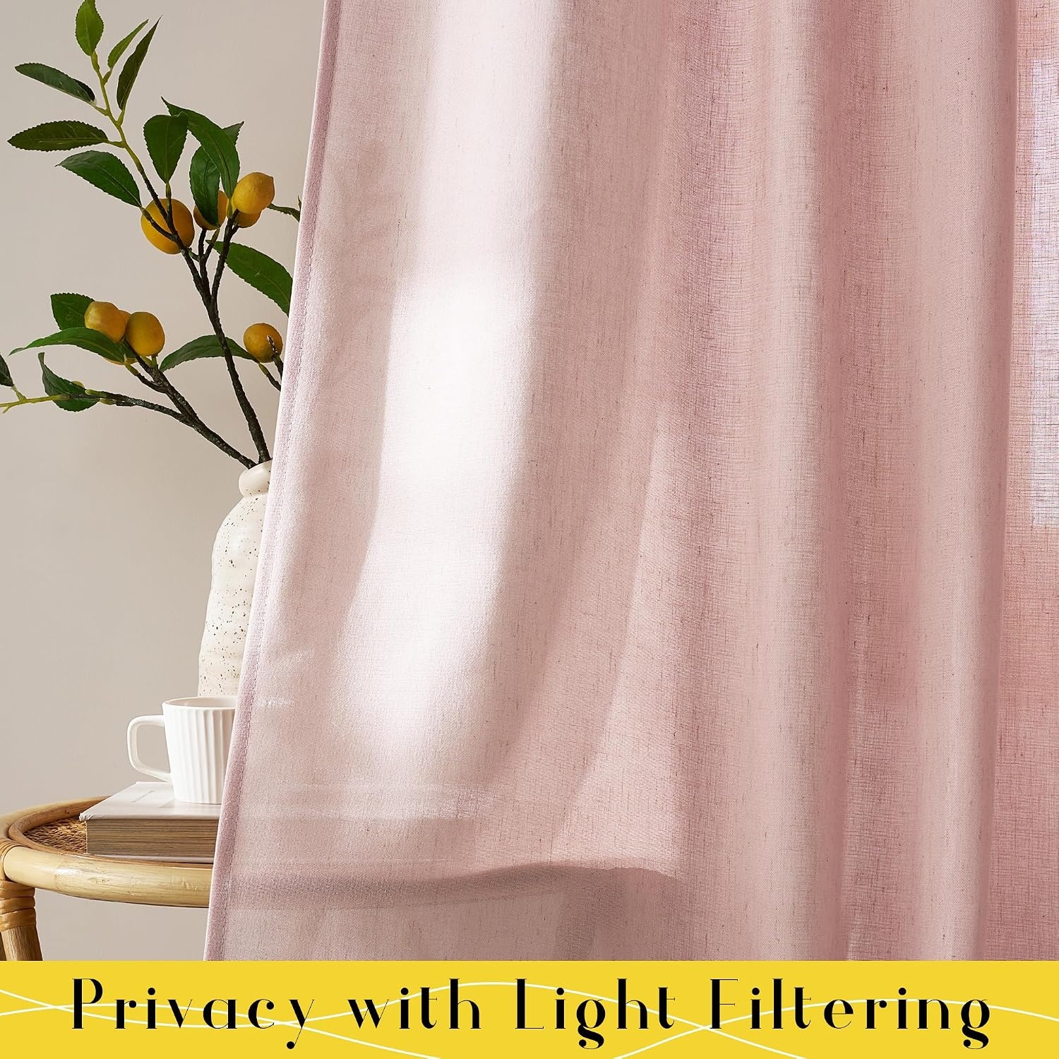 image:imageNICETOWN Tie Top Pink Linen Curtains for Girls Room W52xL84 2 PanelsPink