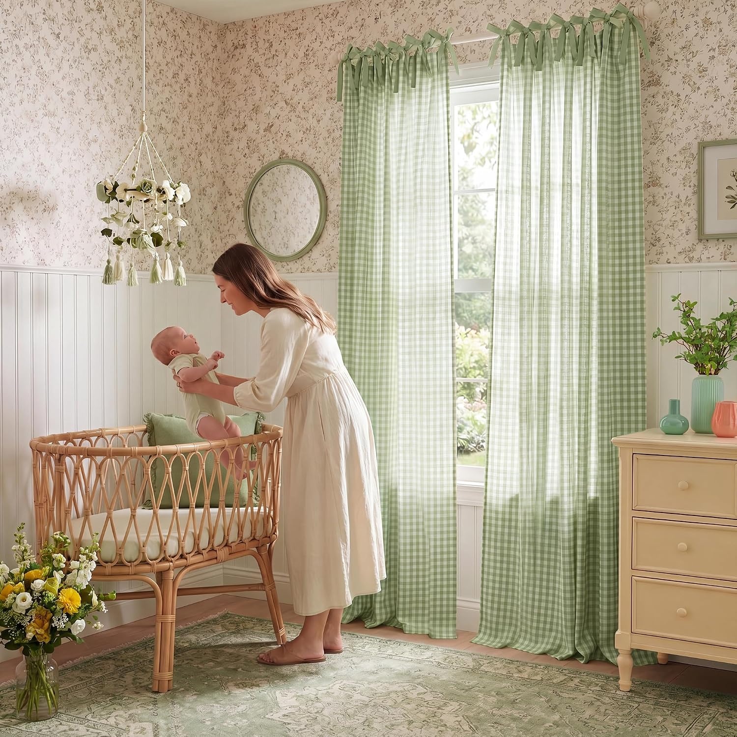 image:imageNICETOWN Tie Top Pink Linen Curtains for Girls Room W52xL84 2 PanelsSage Green