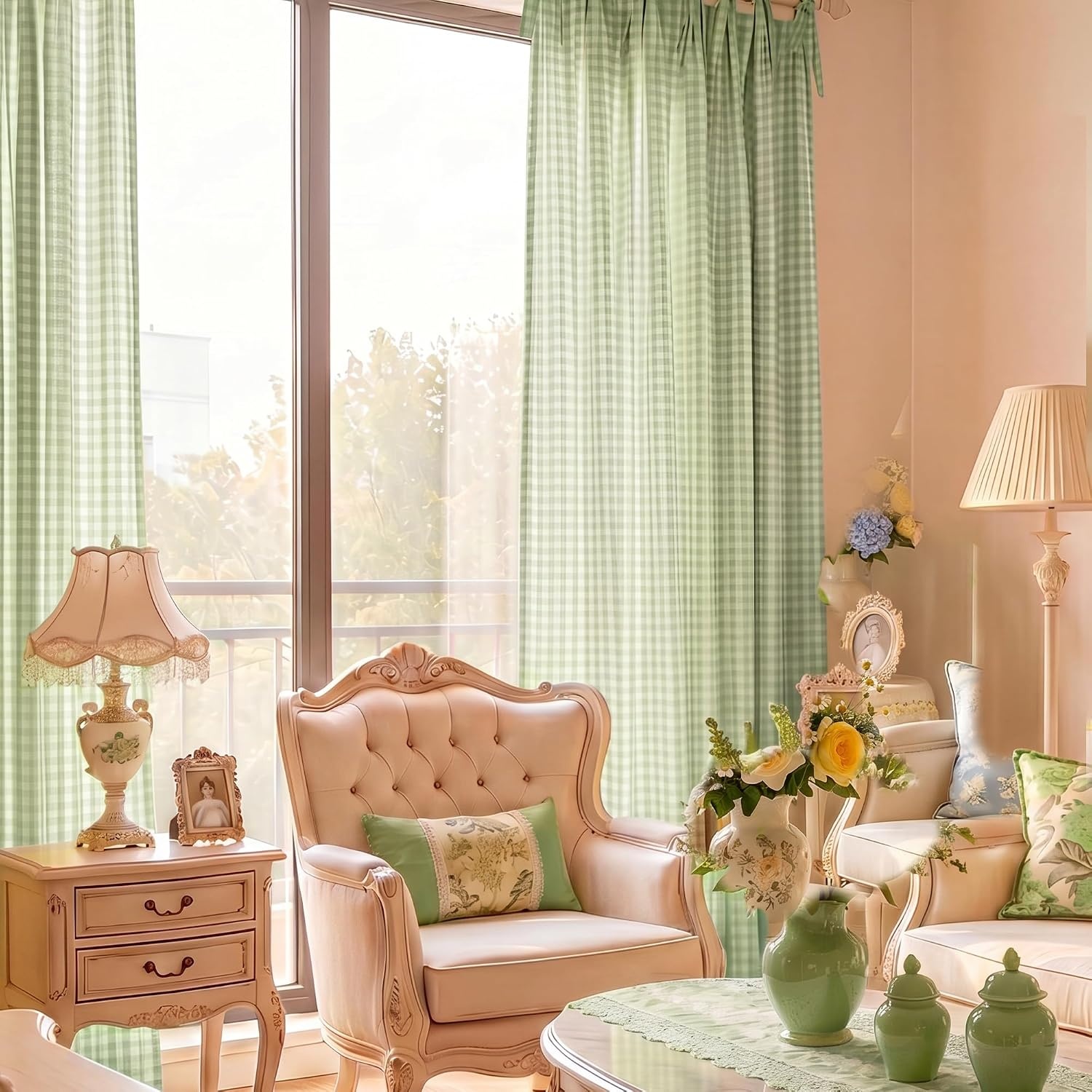 image:imageNICETOWN Tie Top Pink Linen Curtains for Girls Room W52xL84 2 PanelsSage Green