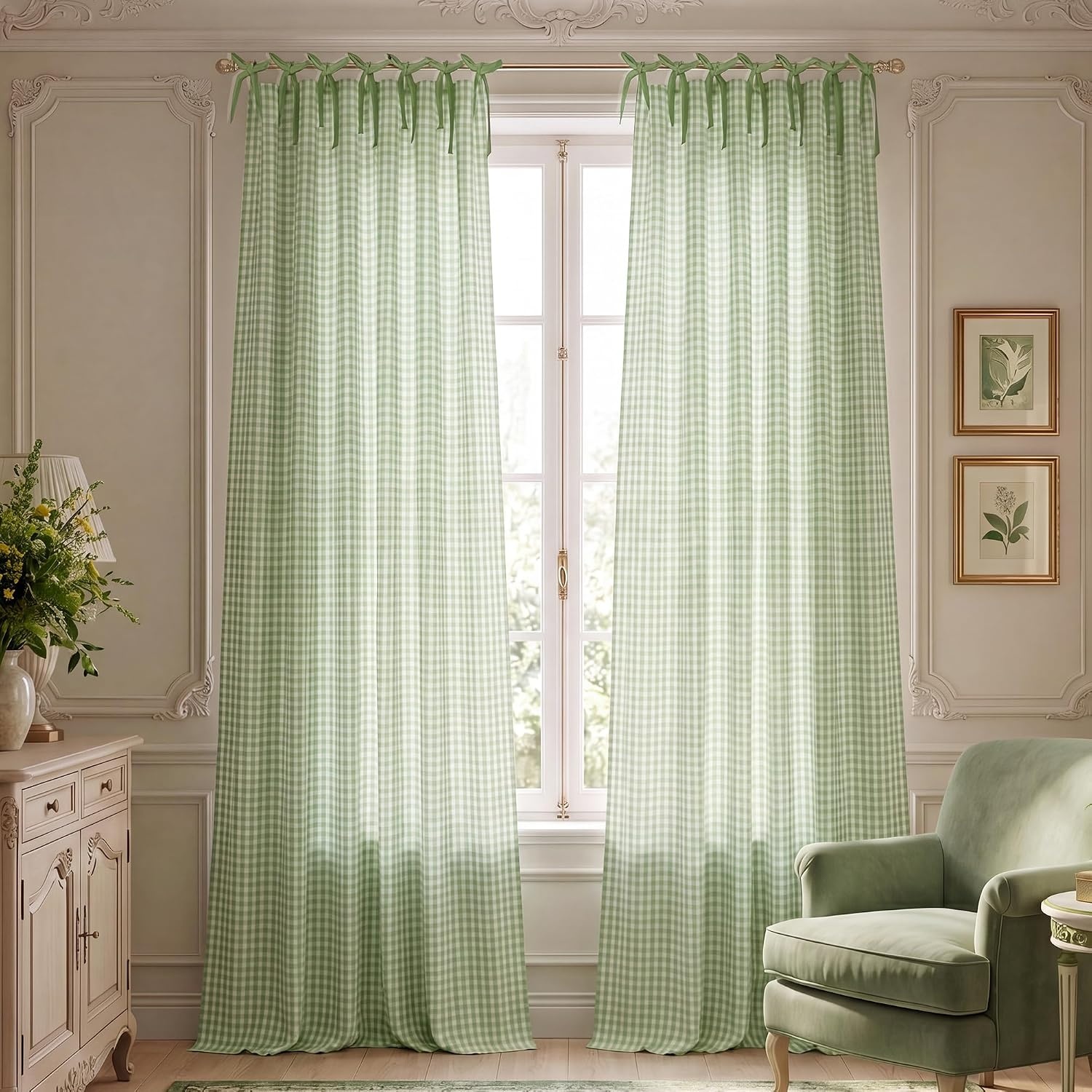 image:imageNICETOWN Tie Top Pink Linen Curtains for Girls Room W52xL84 2 PanelsSage Green