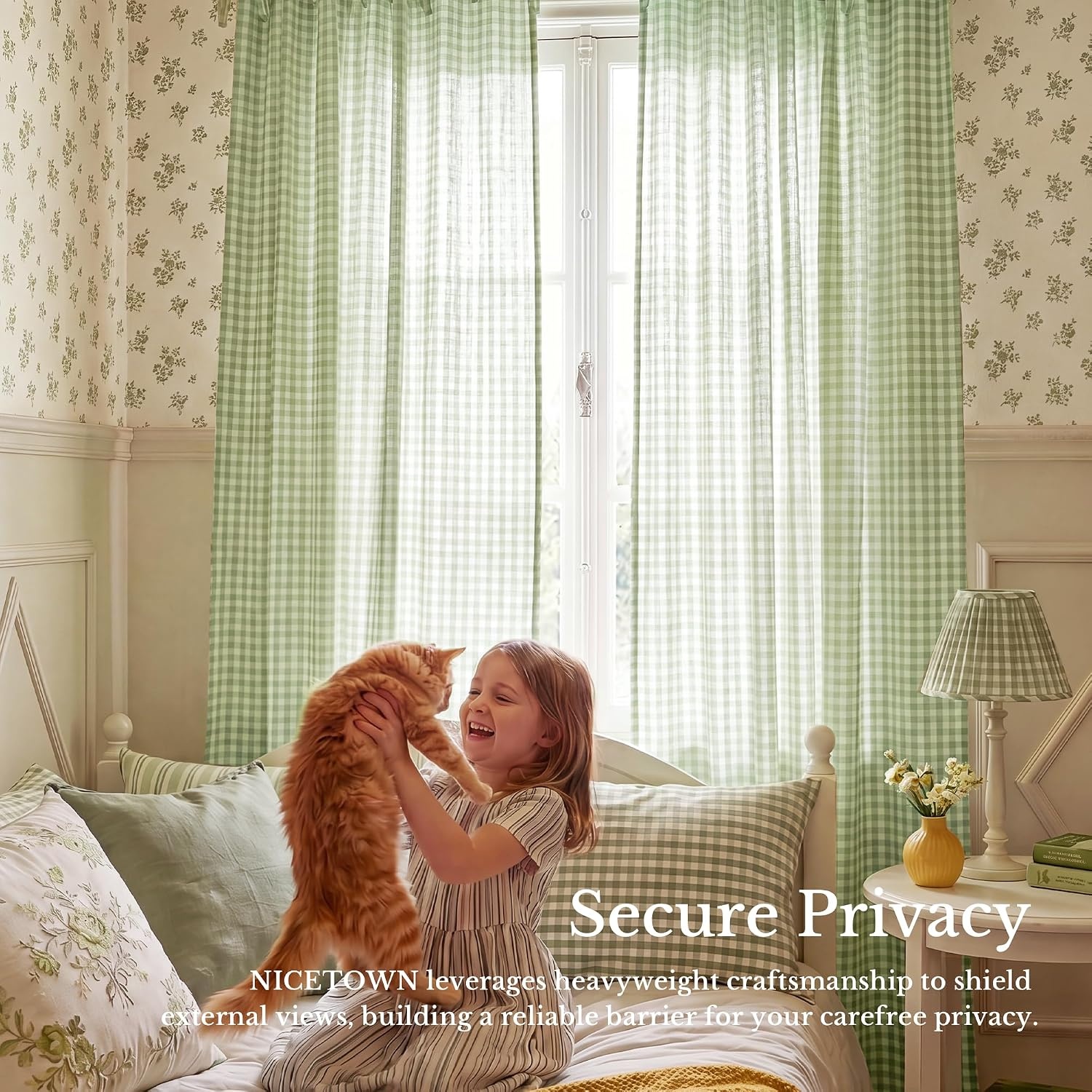 image:imageNICETOWN Tie Top Pink Linen Curtains for Girls Room W52xL84 2 PanelsSage Green