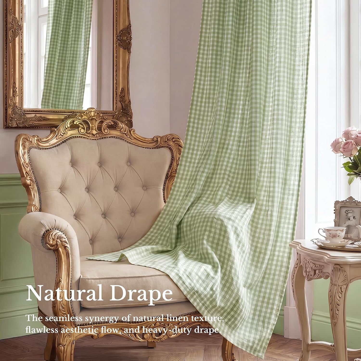 image:imageNICETOWN Tie Top Pink Linen Curtains for Girls Room W52xL84 2 PanelsSage Green