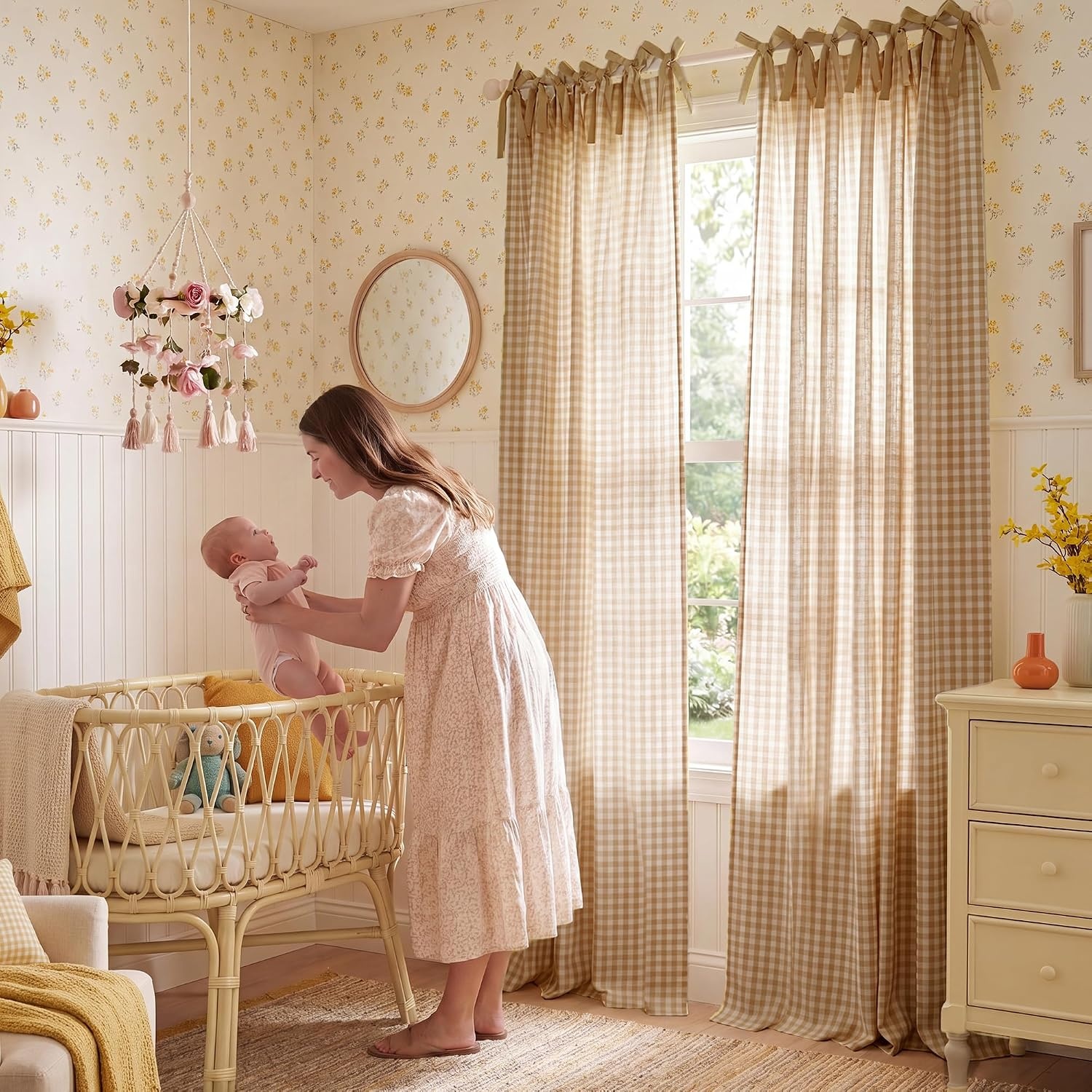 image:imageNICETOWN Tie Top Pink Linen Curtains for Girls Room W52xL84 2 PanelsTaupe