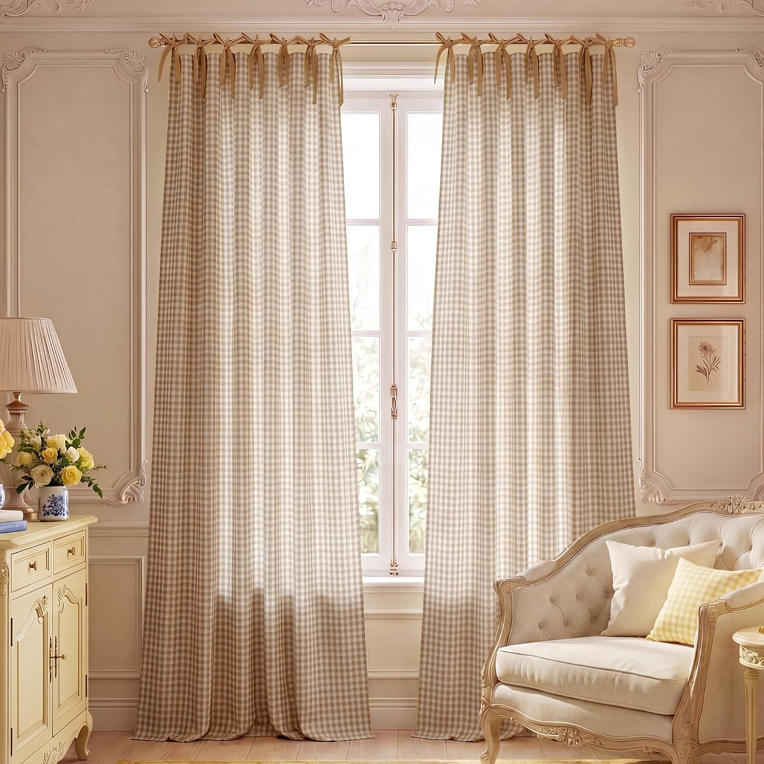 image:imageNICETOWN Tie Top Pink Linen Curtains for Girls Room W52xL84 2 PanelsTaupe