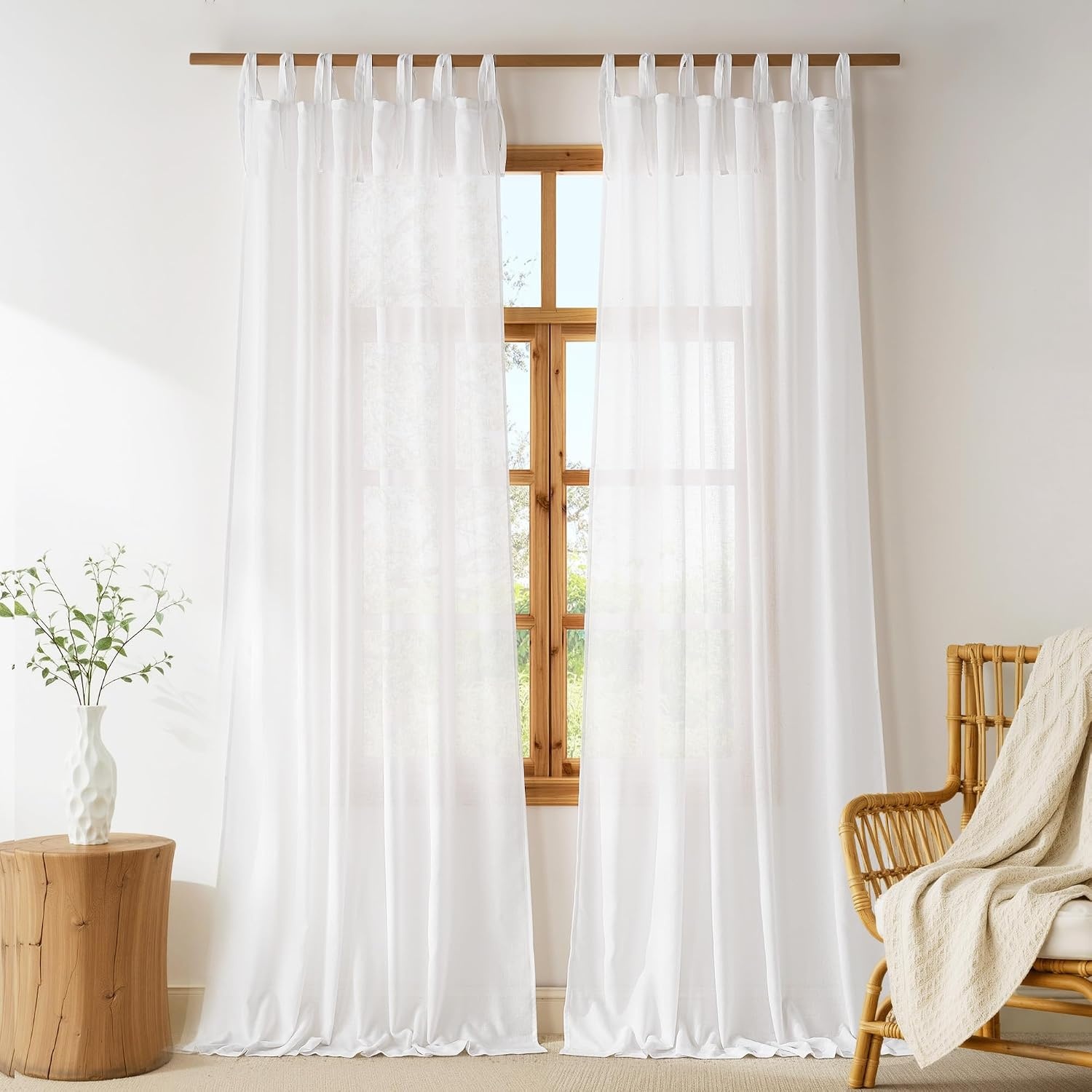 image:imageNICETOWN Tie Top Pink Linen Curtains for Girls Room W52xL84 2 PanelsWhite