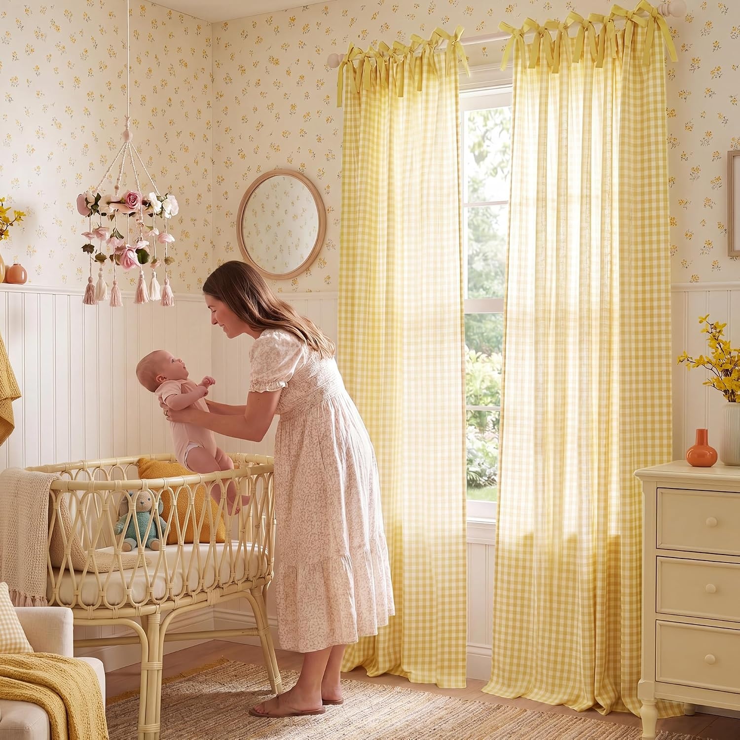 image:imageNICETOWN Tie Top Pink Linen Curtains for Girls Room W52xL84 2 PanelsYellow