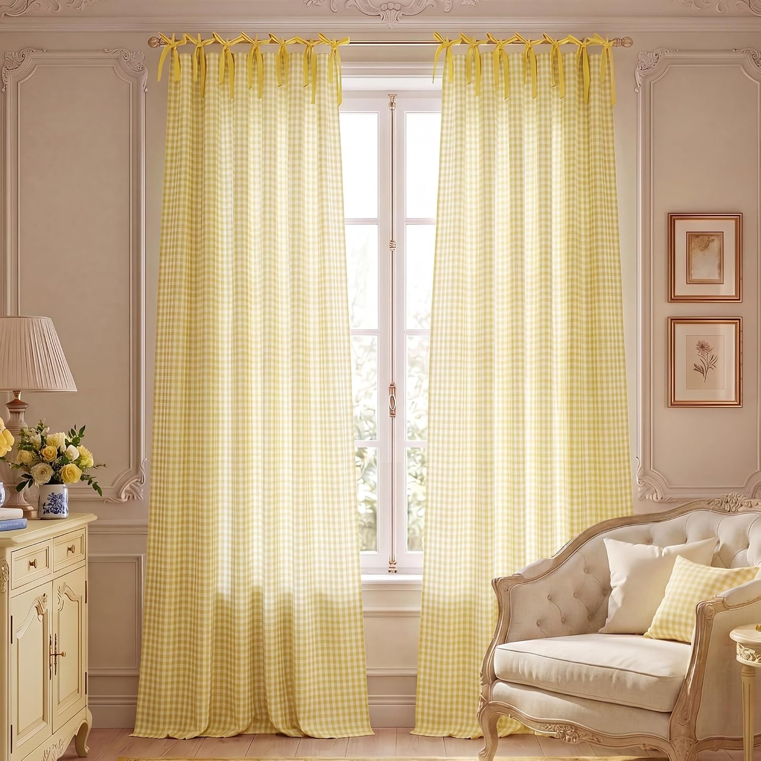 image:imageNICETOWN Tie Top Pink Linen Curtains for Girls Room W52xL84 2 PanelsYellow