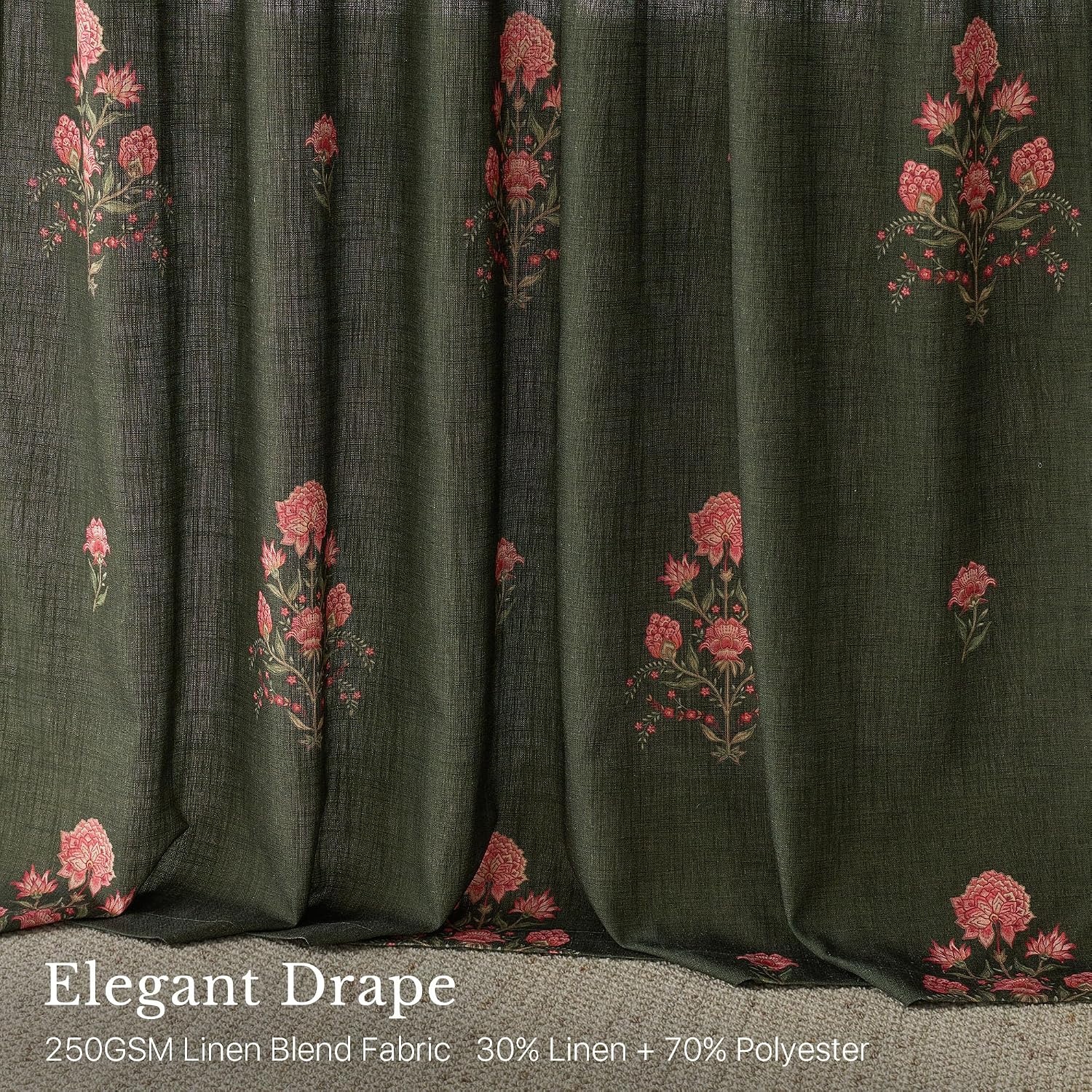 image:imageNICETOWN Vintage Floral Curtain amp Drapes 84 Inches Long W52 x L84 KhakiBlock Print Forest Green