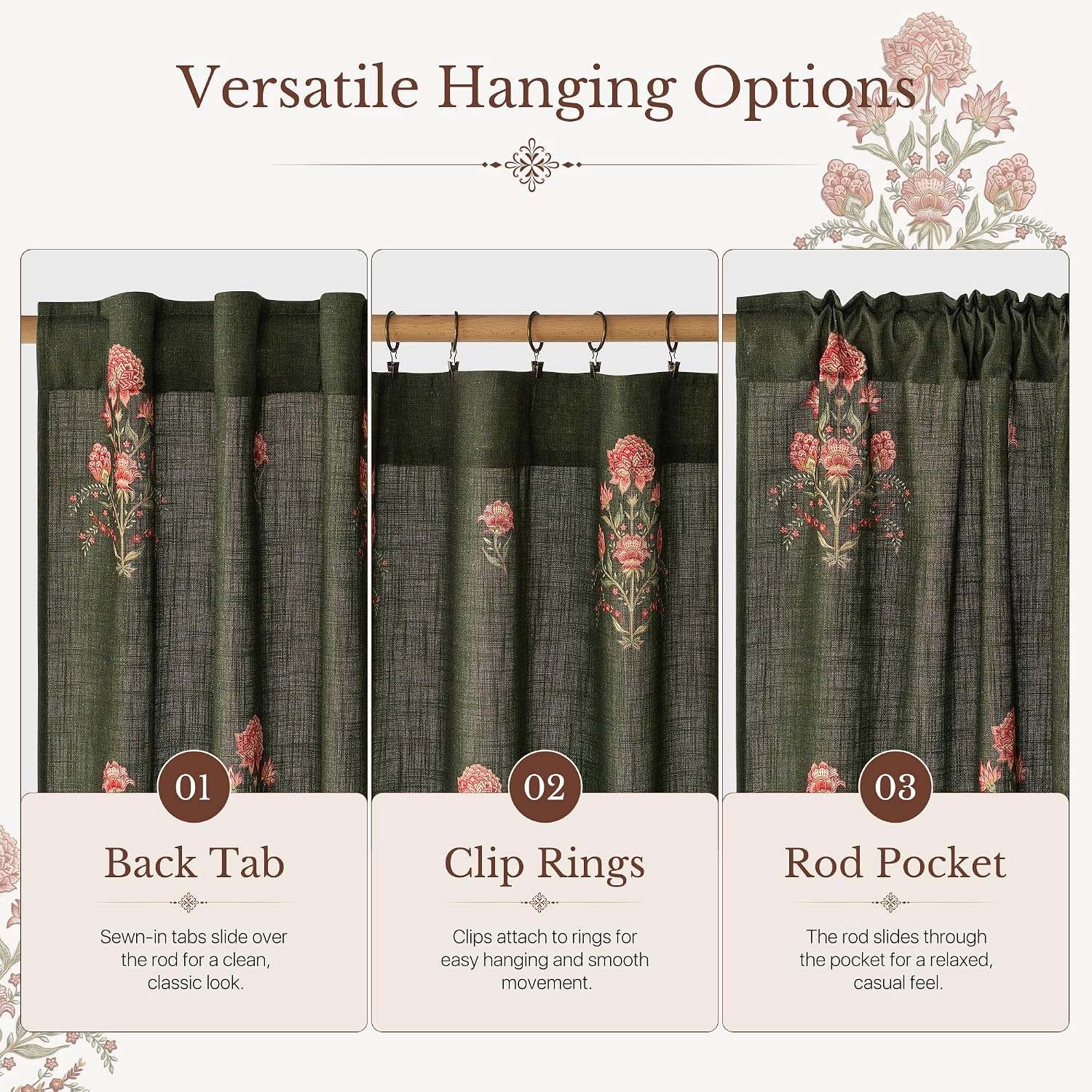 image:imageNICETOWN Vintage Floral Curtain amp Drapes 84 Inches Long W52 x L84 KhakiBlock Print Forest Green
