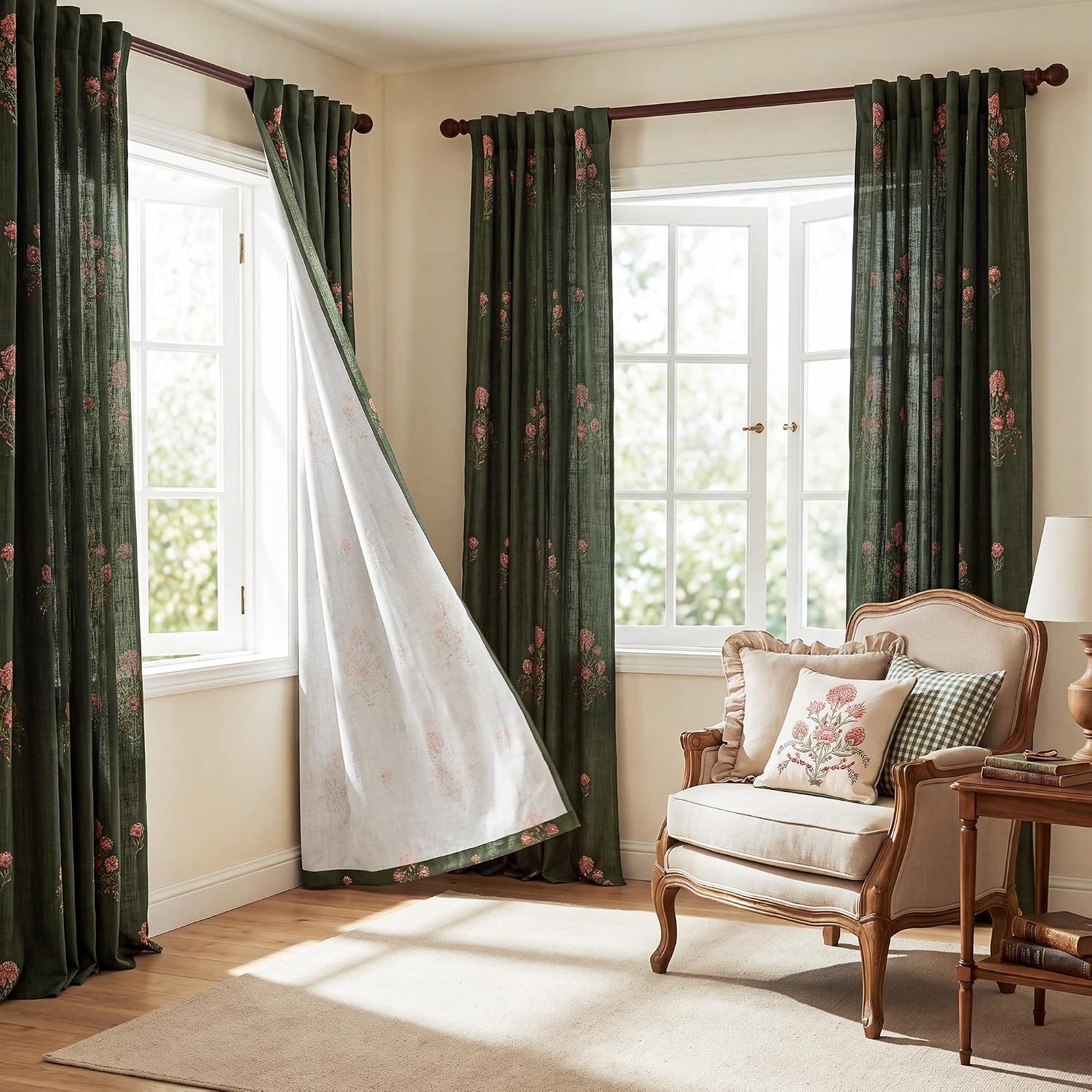image:imageNICETOWN Vintage Floral Curtain amp Drapes 84 Inches Long W52 x L84 KhakiBlock Print Forest Green