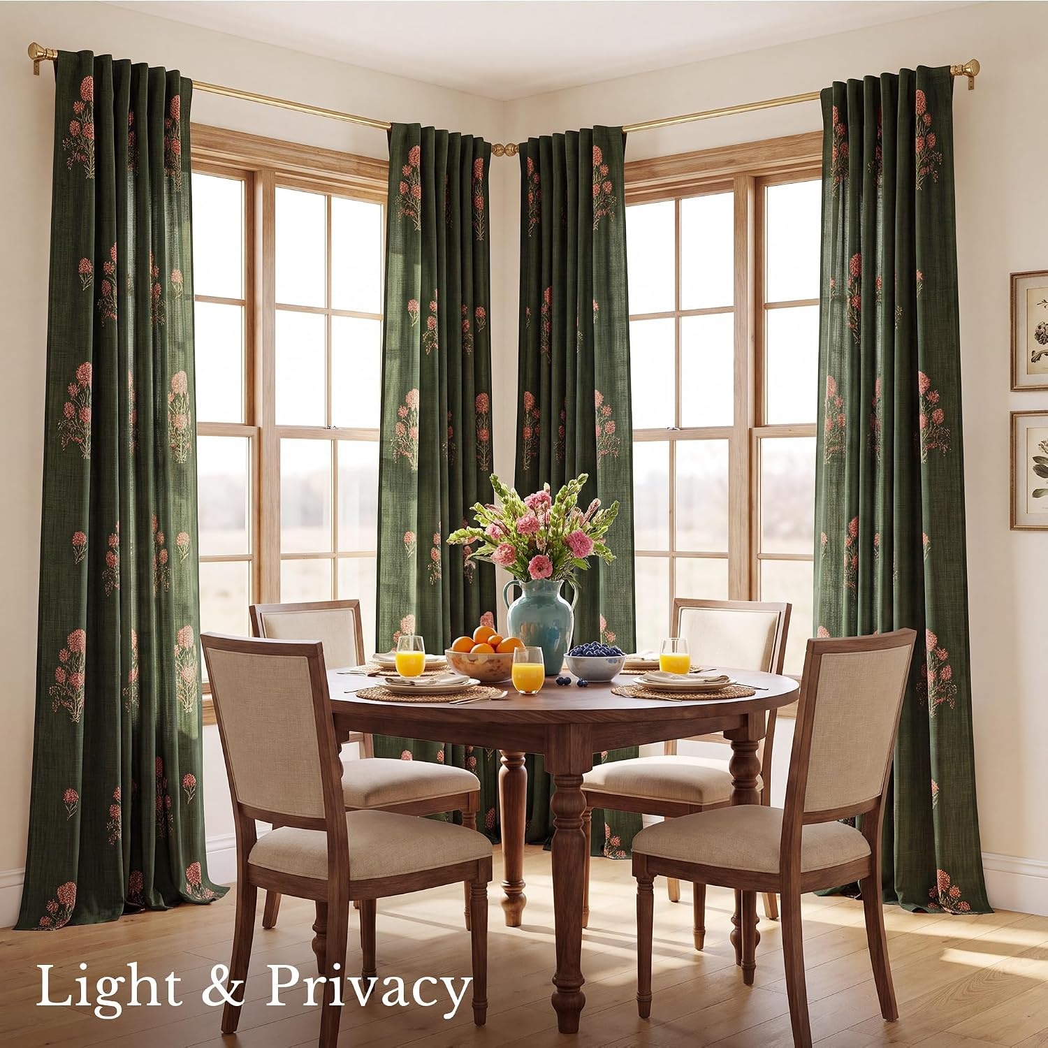 image:imageNICETOWN Vintage Floral Curtain amp Drapes 84 Inches Long W52 x L84 KhakiBlock Print Forest Green