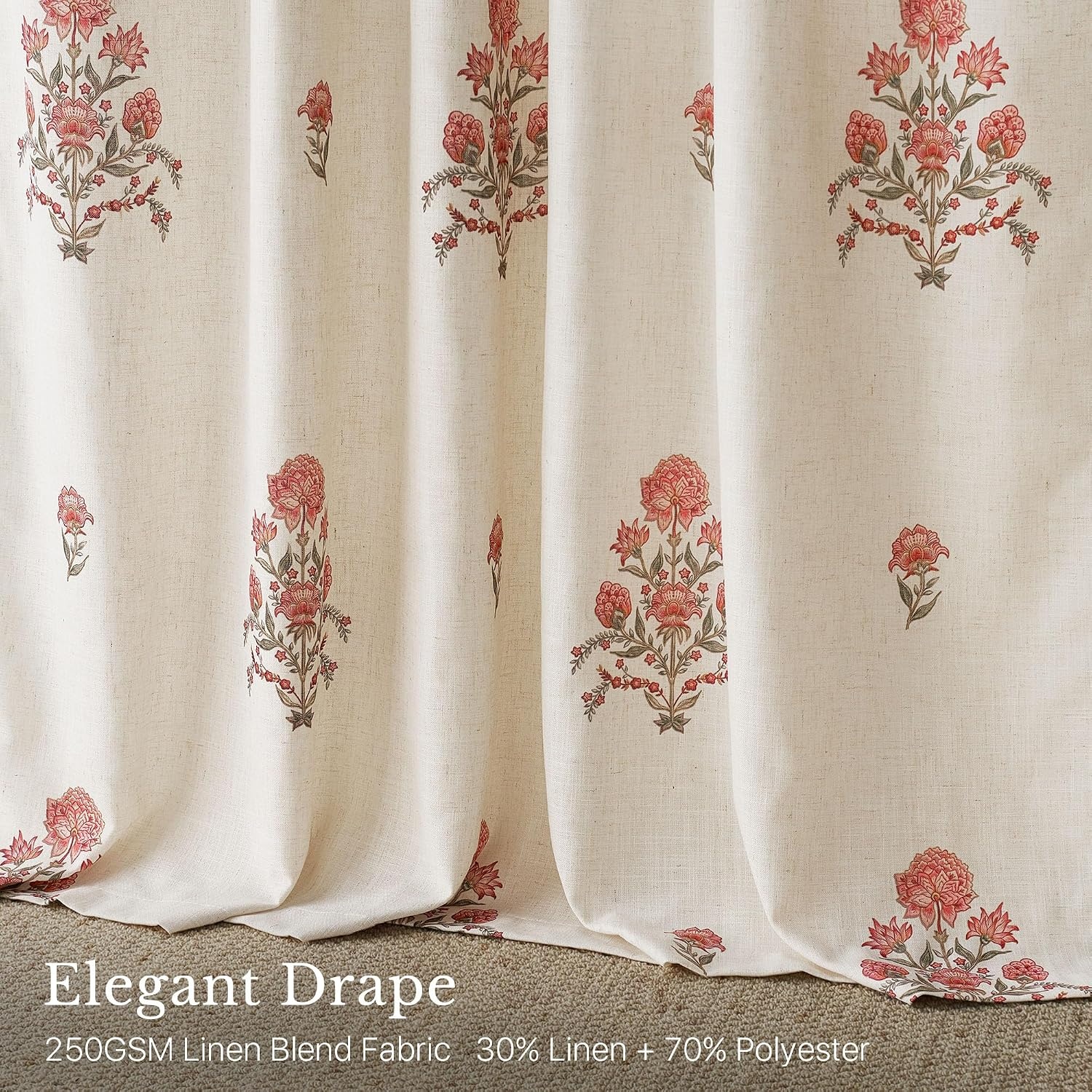 image:imageNICETOWN Vintage Floral Curtain amp Drapes 84 Inches Long W52 x L84 KhakiBlock Print Raw Ivory