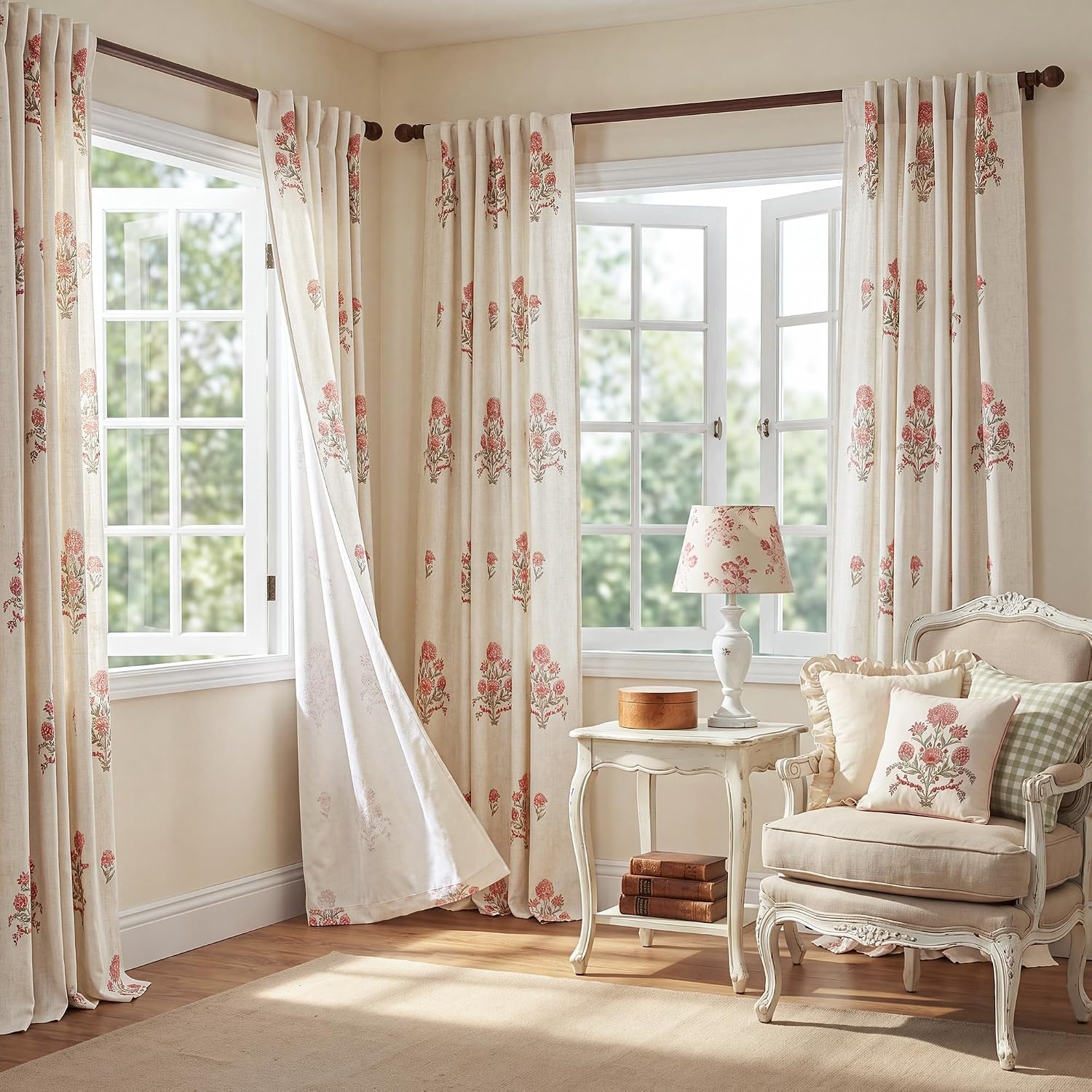 image:imageNICETOWN Vintage Floral Curtain amp Drapes 84 Inches Long W52 x L84 KhakiBlock Print Raw Ivory