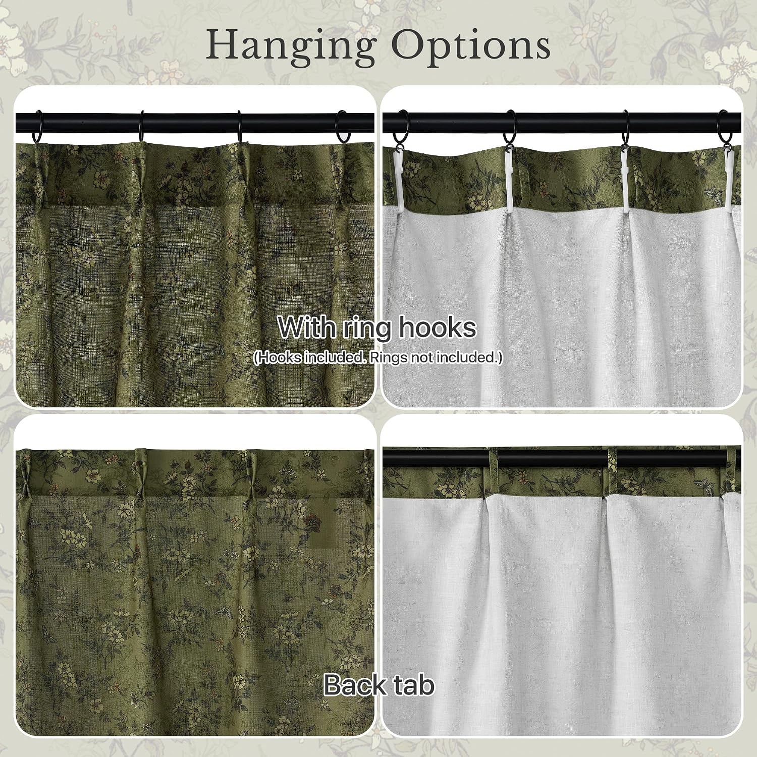 image:imageNICETOWN Vintage Floral Curtain amp Drapes 84 Inches Long W52 x L84 KhakiForest Green