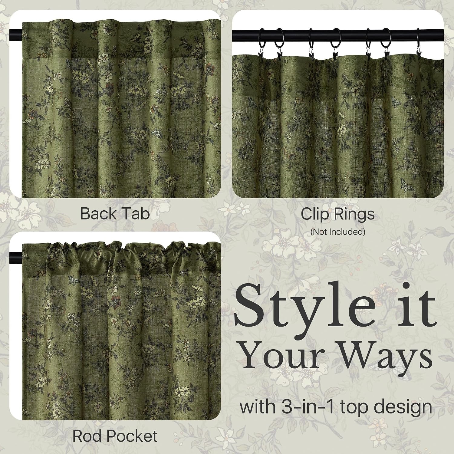 image:imageNICETOWN Vintage Floral Curtain amp Drapes 84 Inches Long W52 x L84 KhakiForest Green