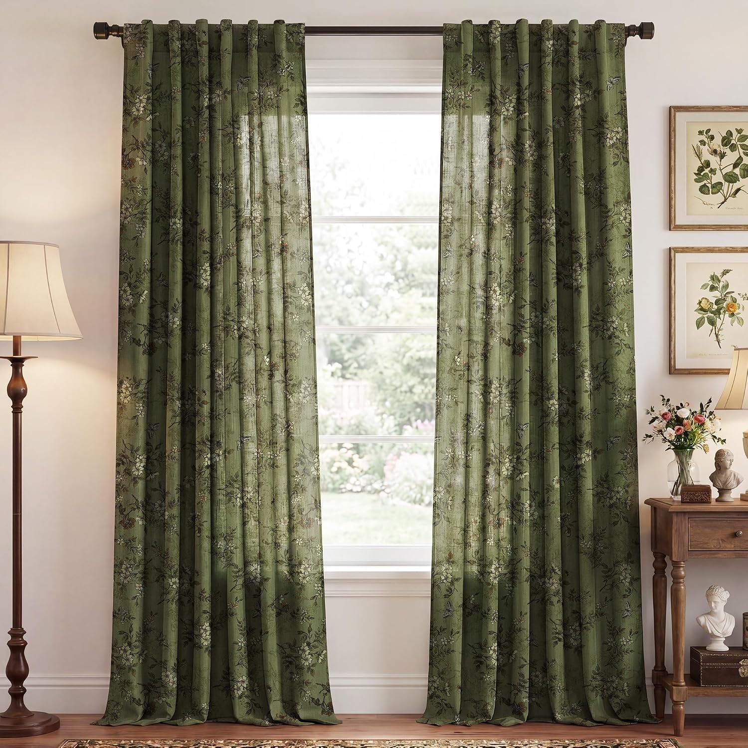 image:imageNICETOWN Vintage Floral Curtain amp Drapes 84 Inches Long W52 x L84 KhakiForest Green