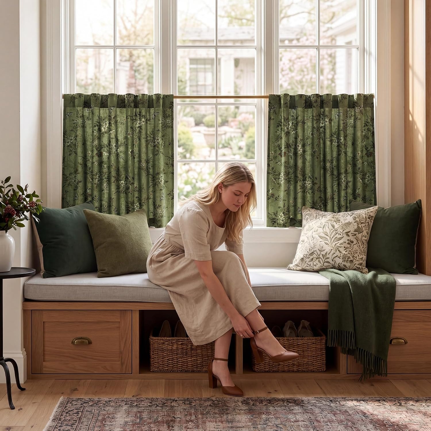 image:imageNICETOWN Vintage Floral Curtain amp Drapes 84 Inches Long W52 x L84 KhakiForest Green