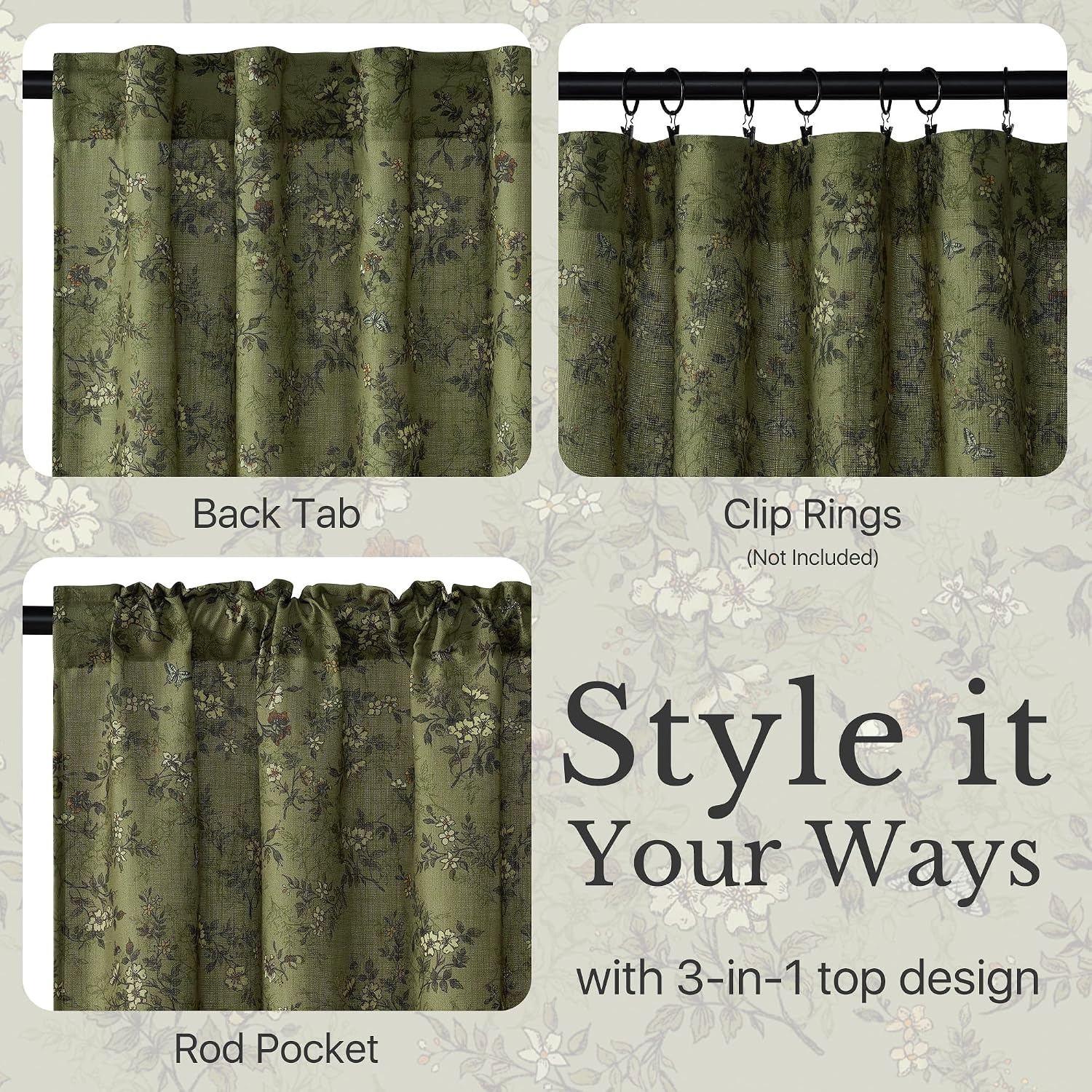 image:imageNICETOWN Vintage Floral Curtain amp Drapes 84 Inches Long W52 x L84 KhakiForest Green