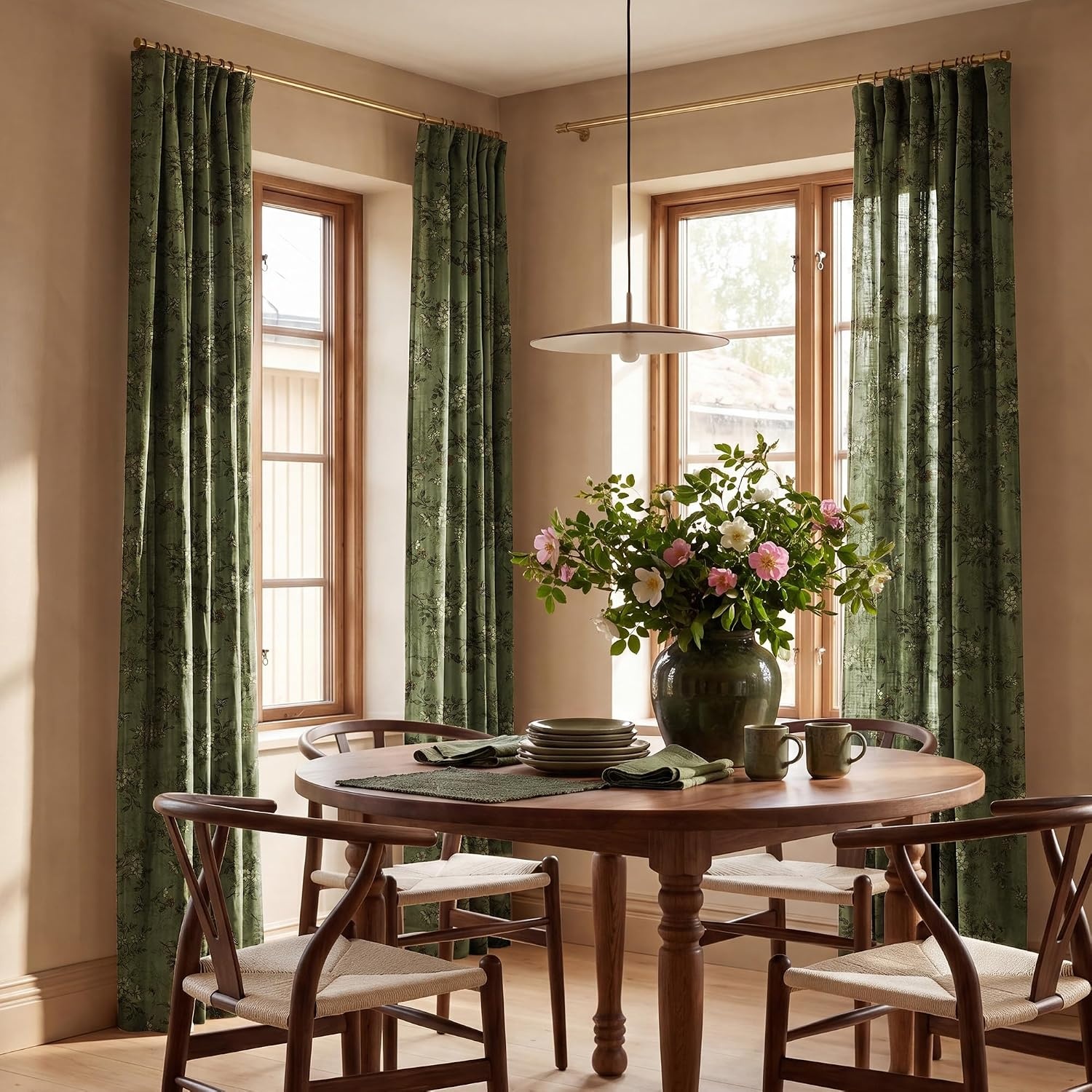 image:imageNICETOWN Vintage Floral Curtain amp Drapes 84 Inches Long W52 x L84 KhakiForest Green