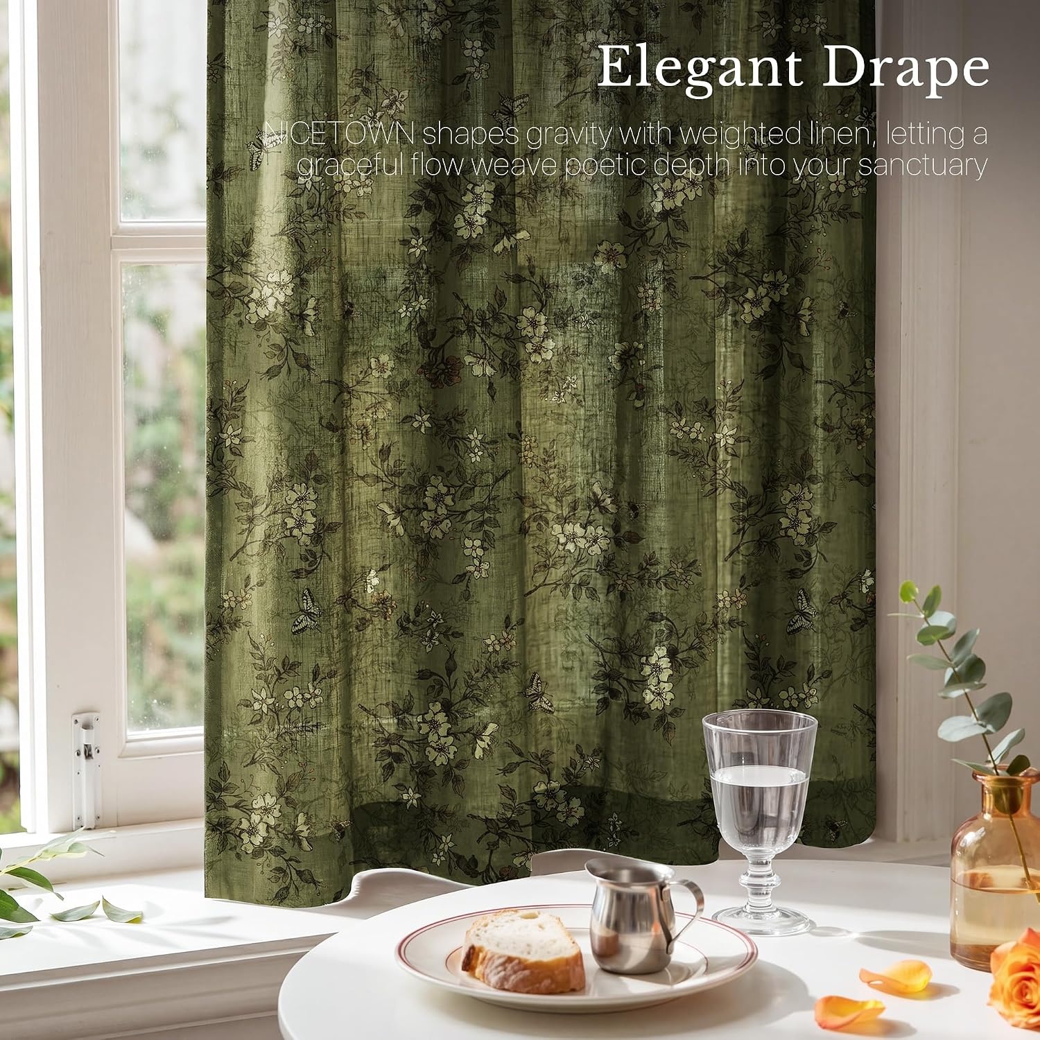 image:imageNICETOWN Vintage Floral Curtain amp Drapes 84 Inches Long W52 x L84 KhakiForest Green