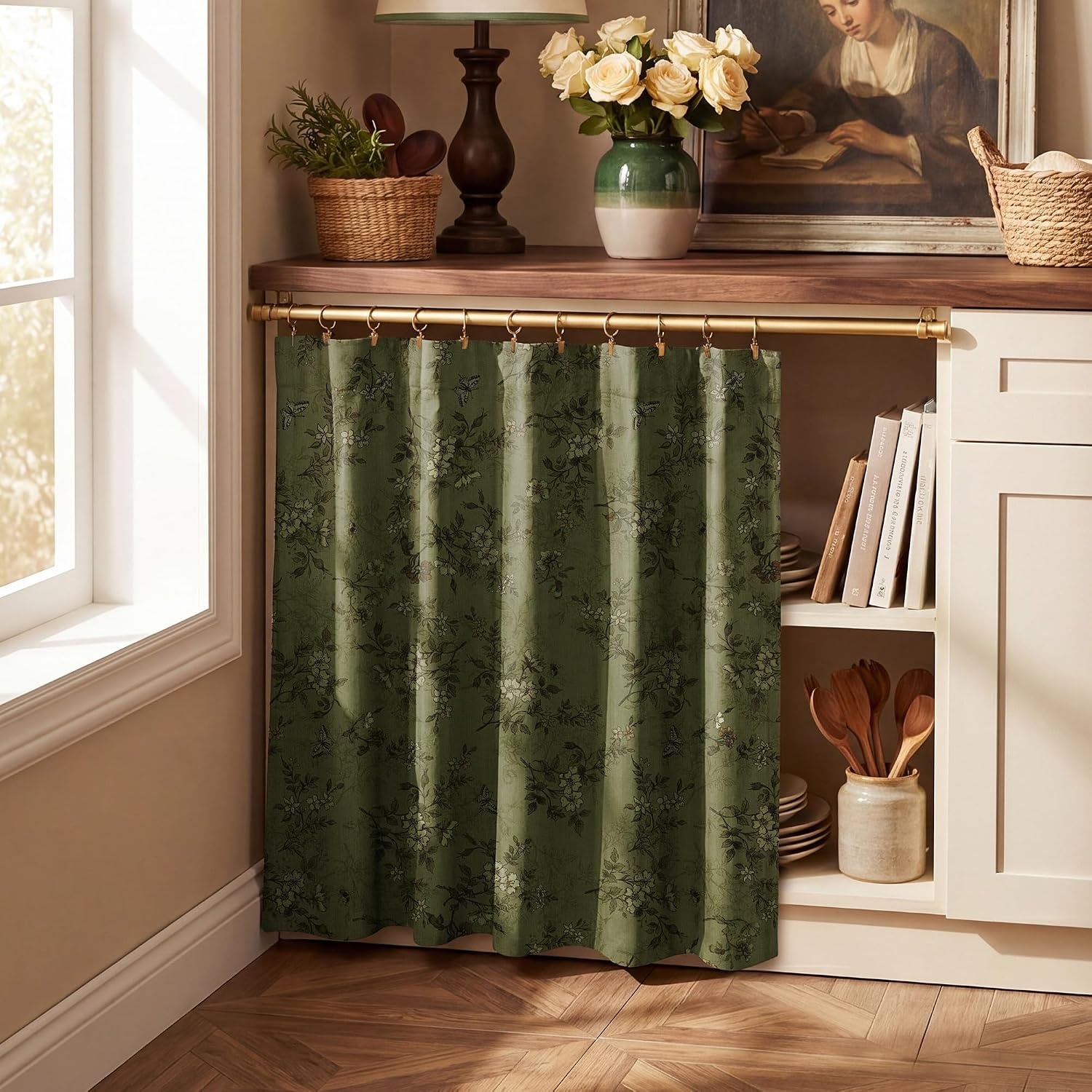 image:imageNICETOWN Vintage Floral Curtain amp Drapes 84 Inches Long W52 x L84 KhakiForest Green