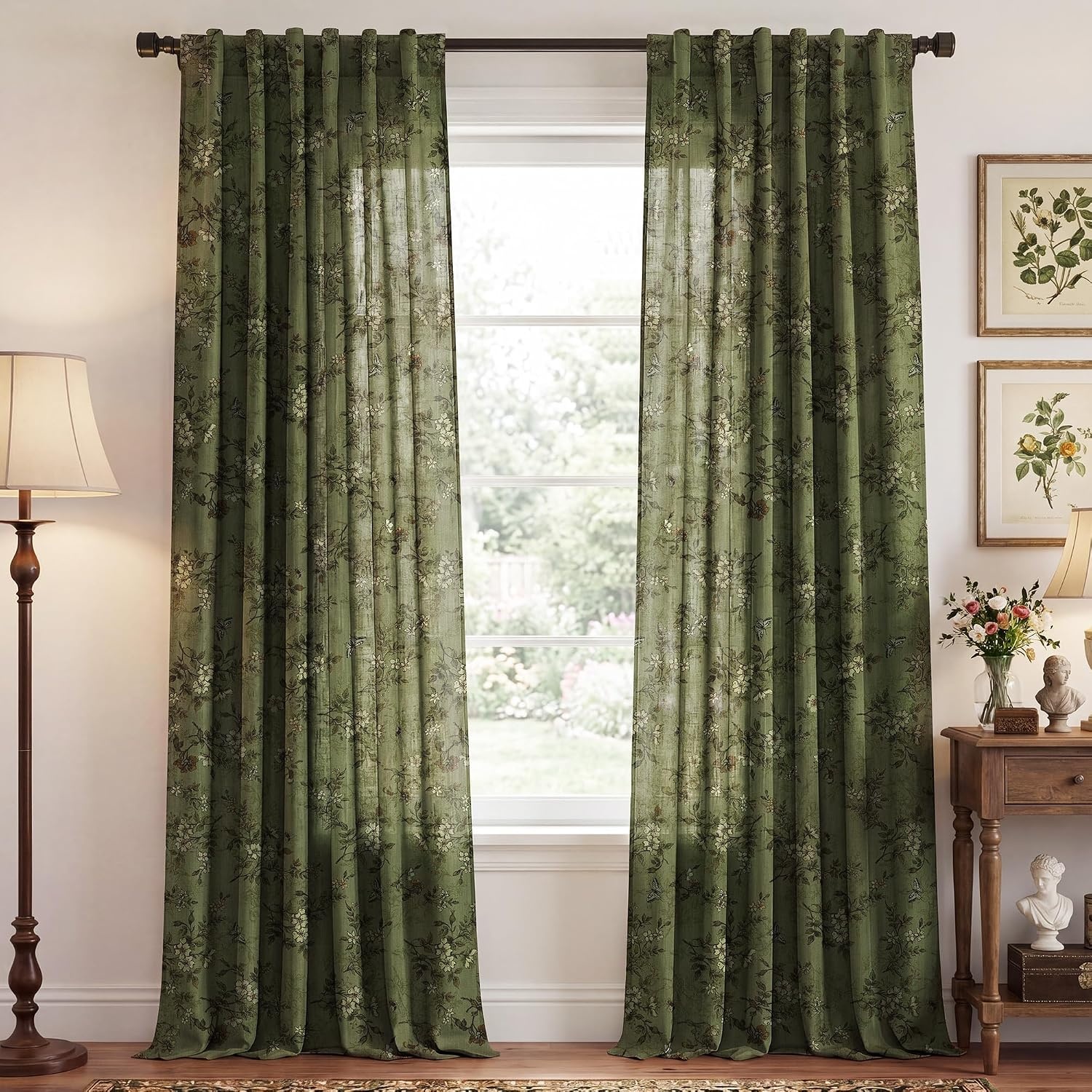 image:imageNICETOWN Vintage Floral Curtain amp Drapes 84 Inches Long W52 x L84 KhakiForest Green