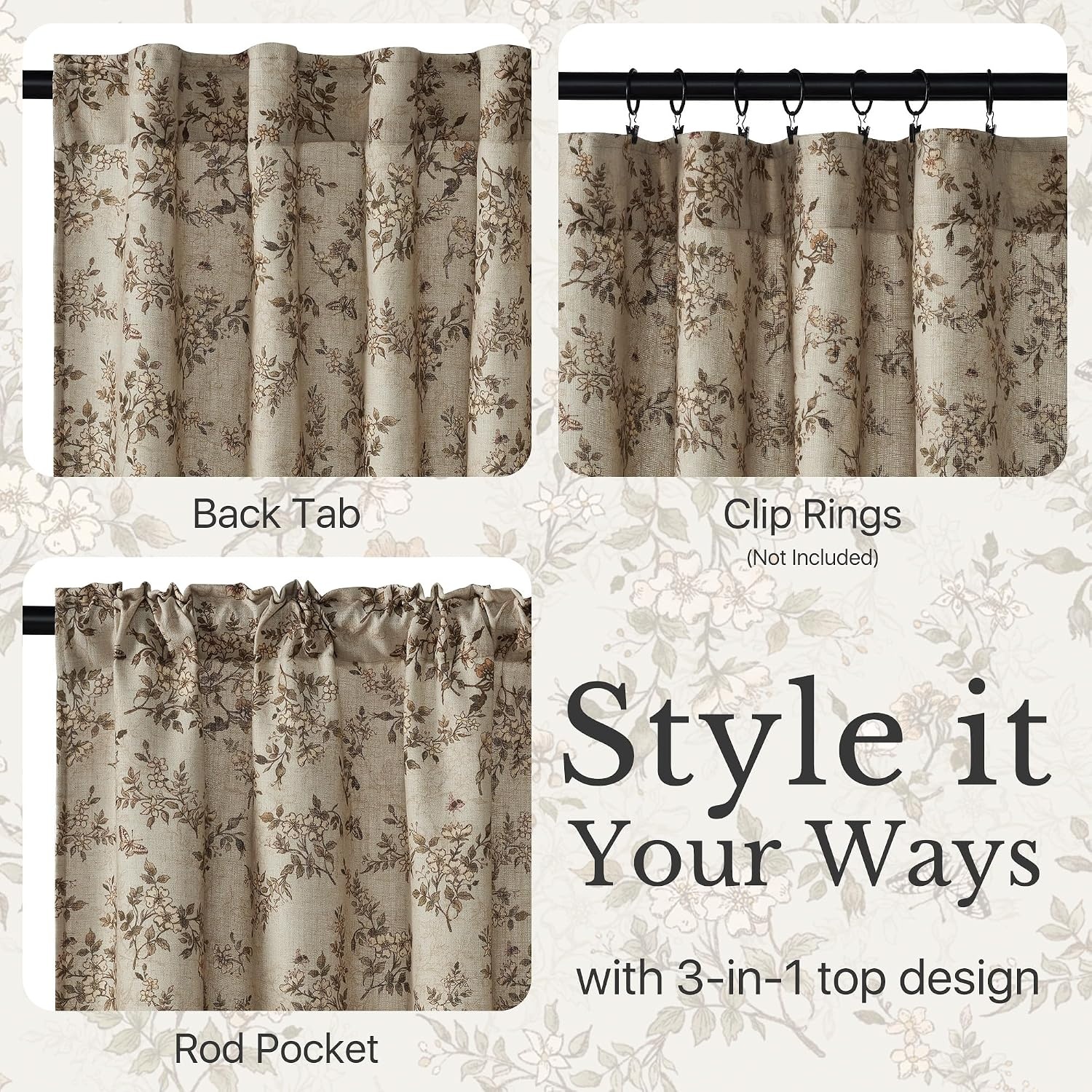 image:imageNICETOWN Vintage Floral Curtain amp Drapes 84 Inches Long W52 x L84 KhakiIvory