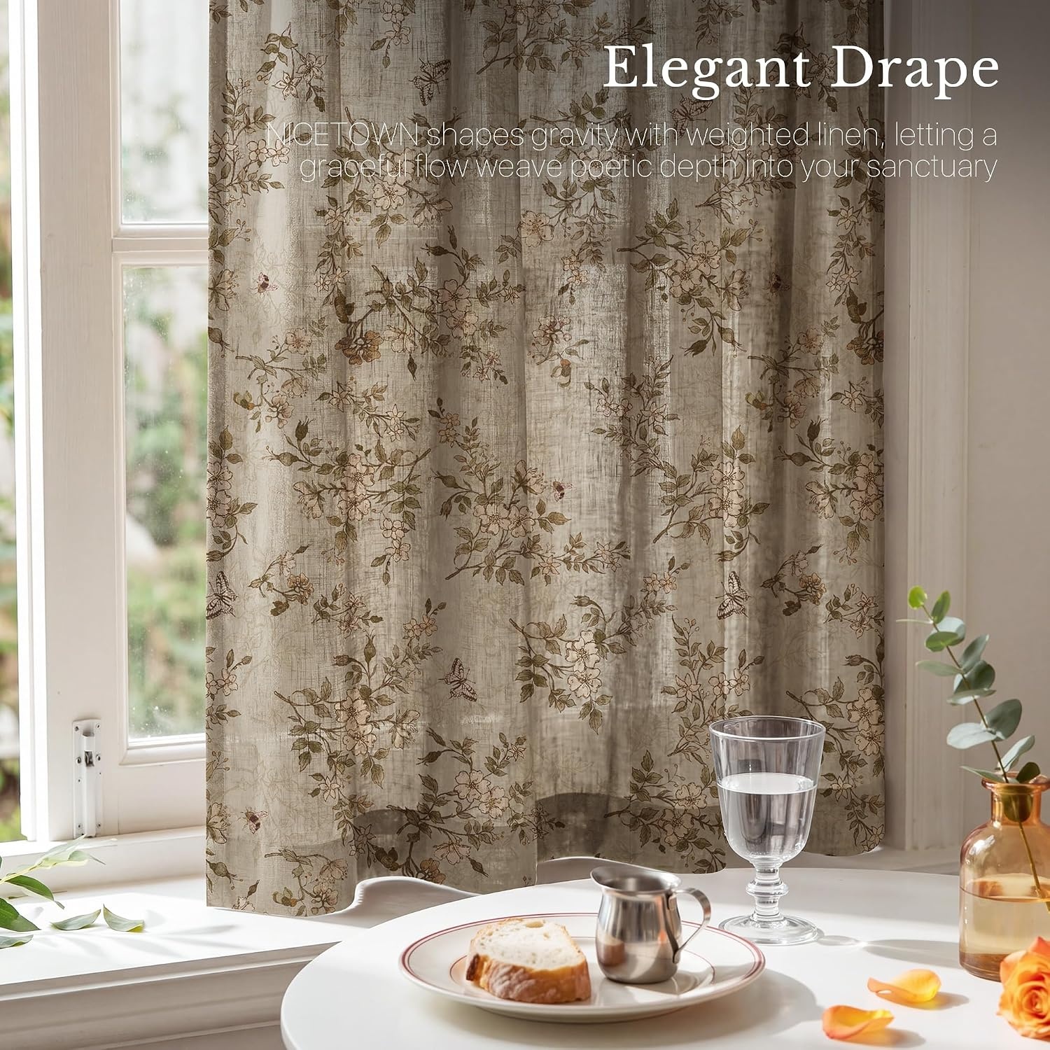 image:imageNICETOWN Vintage Floral Curtain amp Drapes 84 Inches Long W52 x L84 KhakiIvory