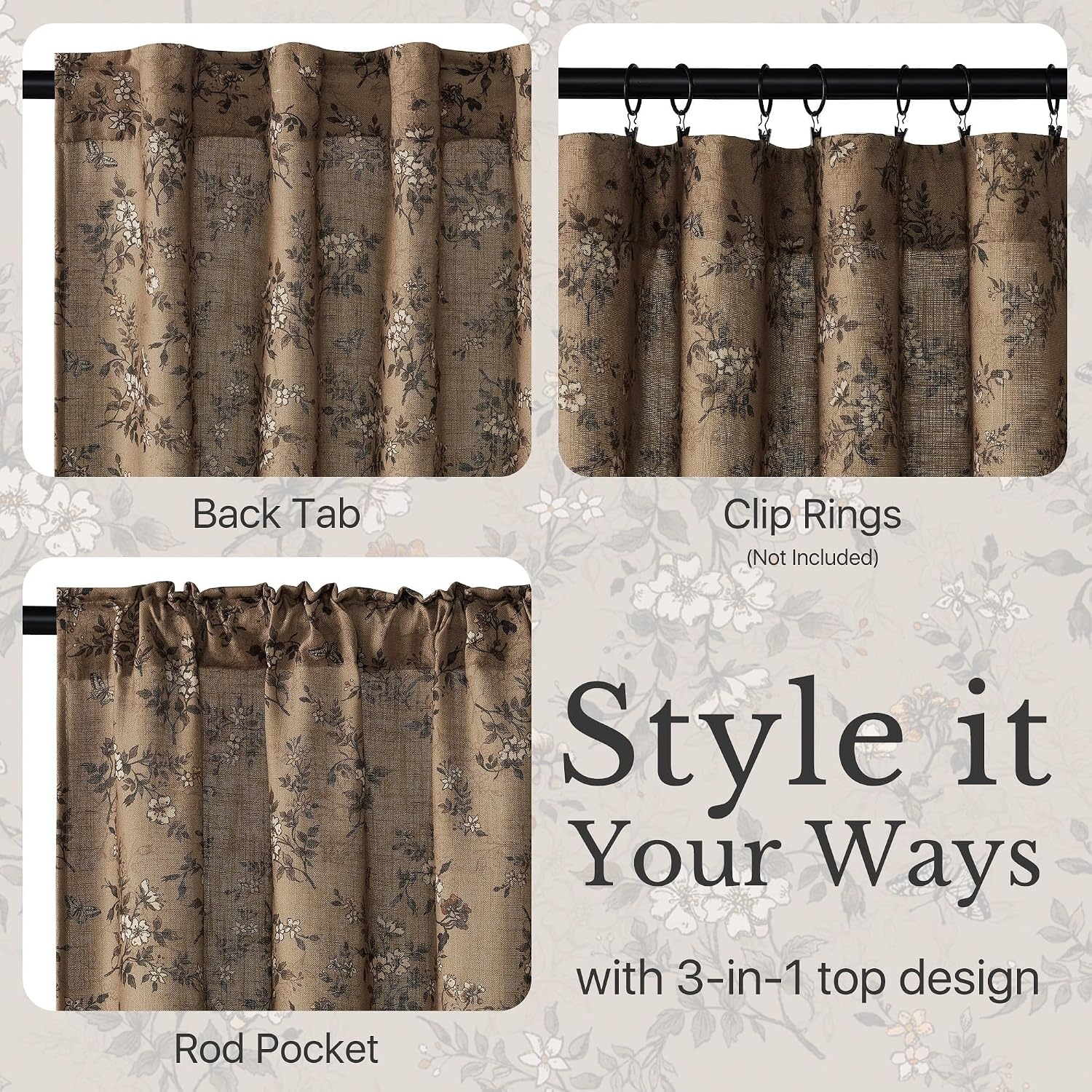 image:imageNICETOWN Vintage Floral Curtain amp Drapes 84 Inches Long W52 x L84 KhakiKhaki
