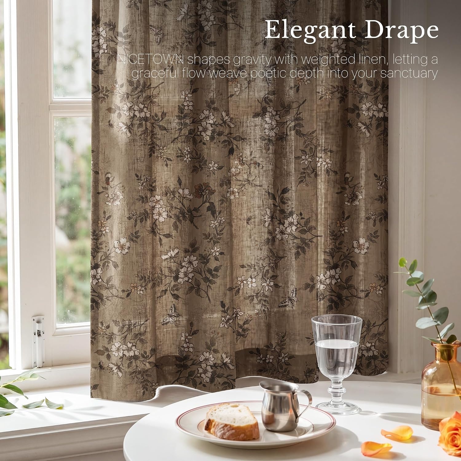 image:imageNICETOWN Vintage Floral Curtain amp Drapes 84 Inches Long W52 x L84 KhakiKhaki