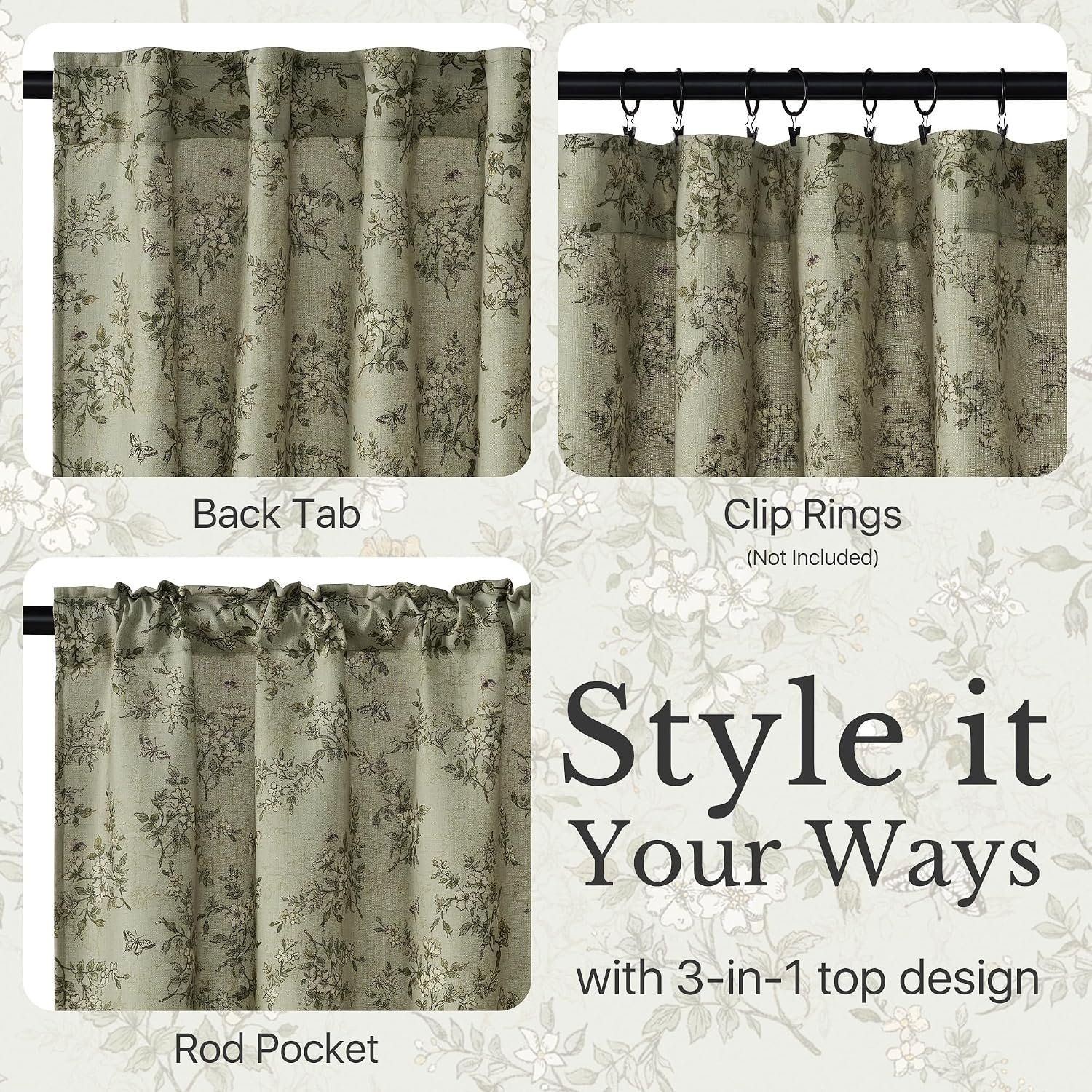 image:imageNICETOWN Vintage Floral Curtain amp Drapes 84 Inches Long W52 x L84 KhakiSage Green