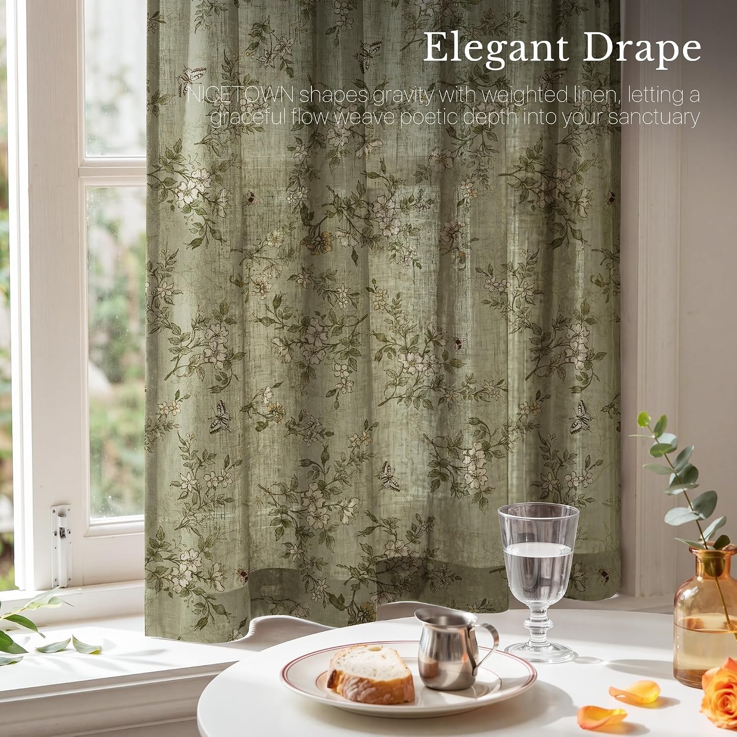 image:imageNICETOWN Vintage Floral Curtain amp Drapes 84 Inches Long W52 x L84 KhakiSage Green