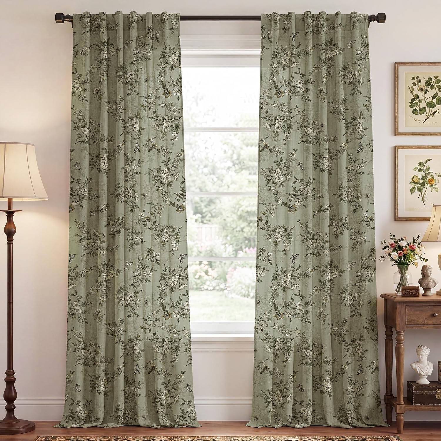 image:imageNICETOWN Vintage Floral Curtain amp Drapes 84 Inches Long W52 x L84 KhakiSage Green