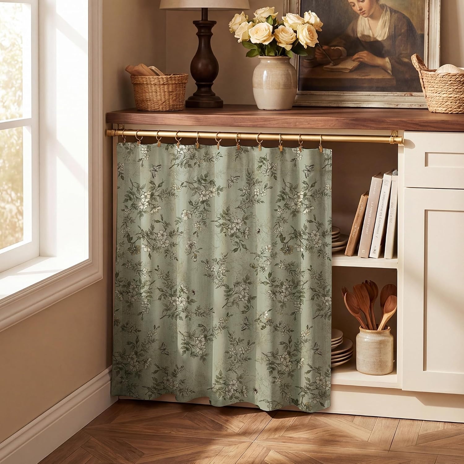 image:imageNICETOWN Vintage Floral Curtain amp Drapes 84 Inches Long W52 x L84 KhakiSage Green