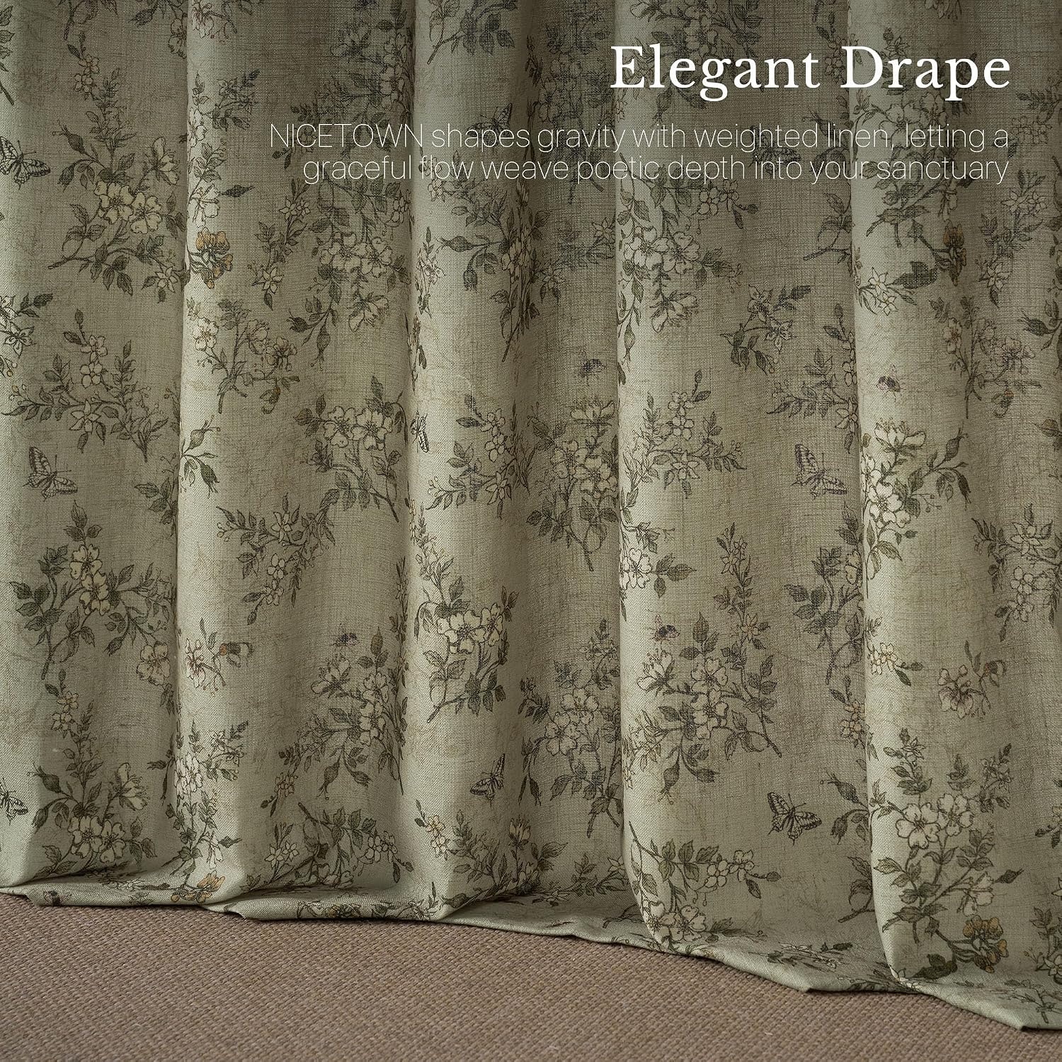 image:imageNICETOWN Vintage Floral Curtain amp Drapes 84 Inches Long W52 x L84 KhakiSage Green