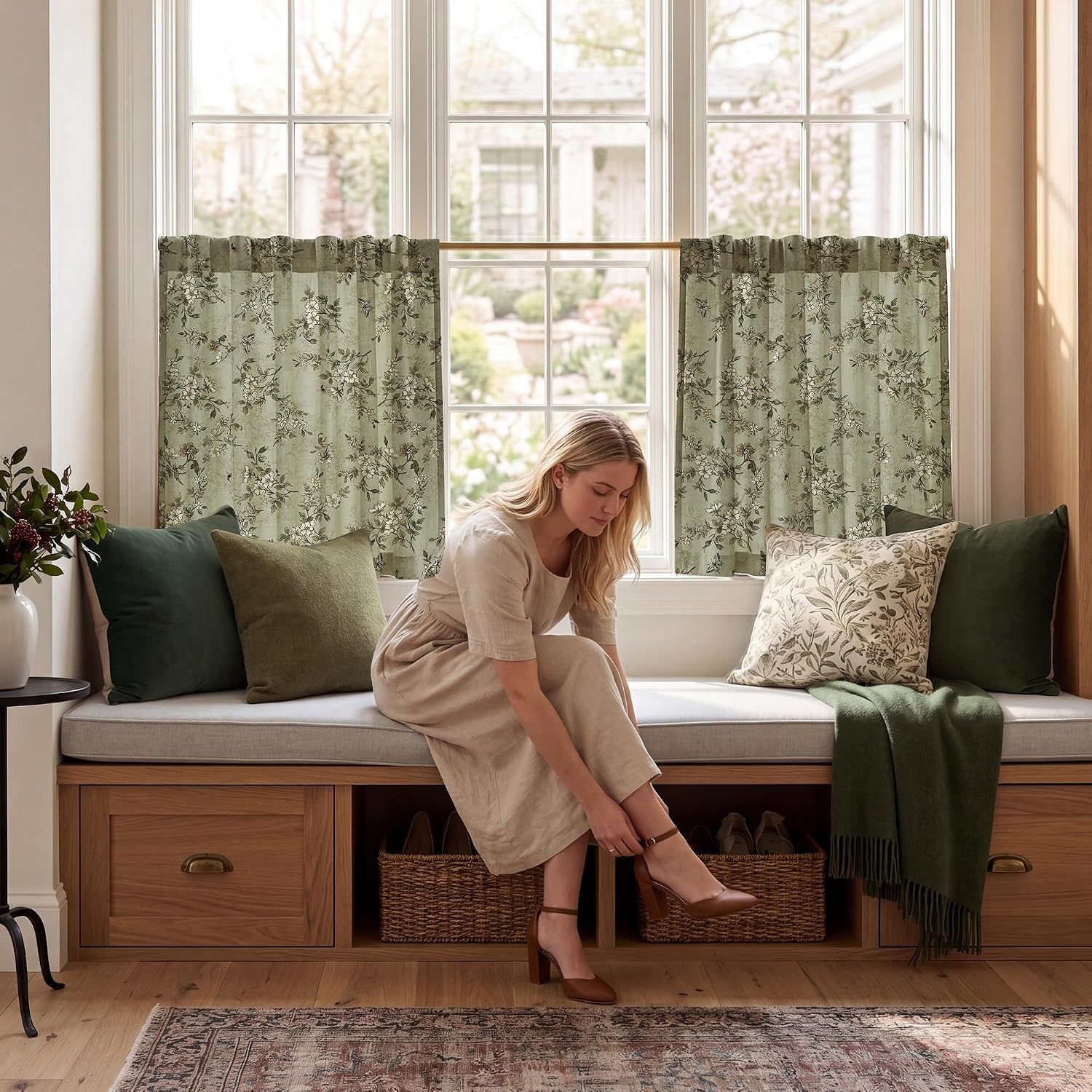 image:imageNICETOWN Vintage Floral Curtain amp Drapes 84 Inches Long W52 x L84 KhakiSage Green