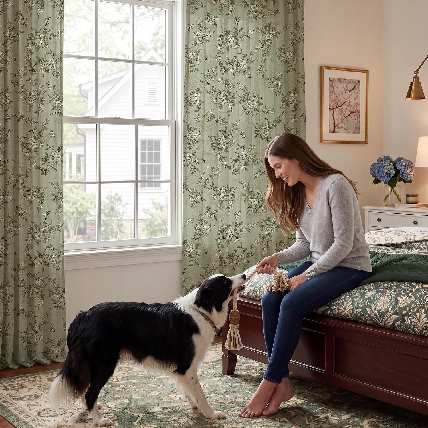 image:imageNICETOWN Vintage Floral Curtain amp Drapes 84 Inches Long W52 x L84 KhakiSage Green