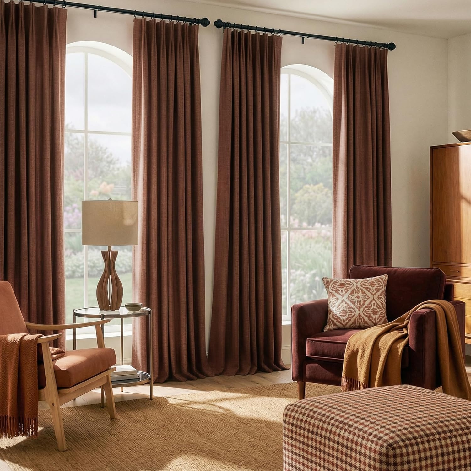 image:imageNICETOWN Vintage Olive Dark Green Pinch Pleated Linen Curtains 90 inch LongEarthy Terracotta