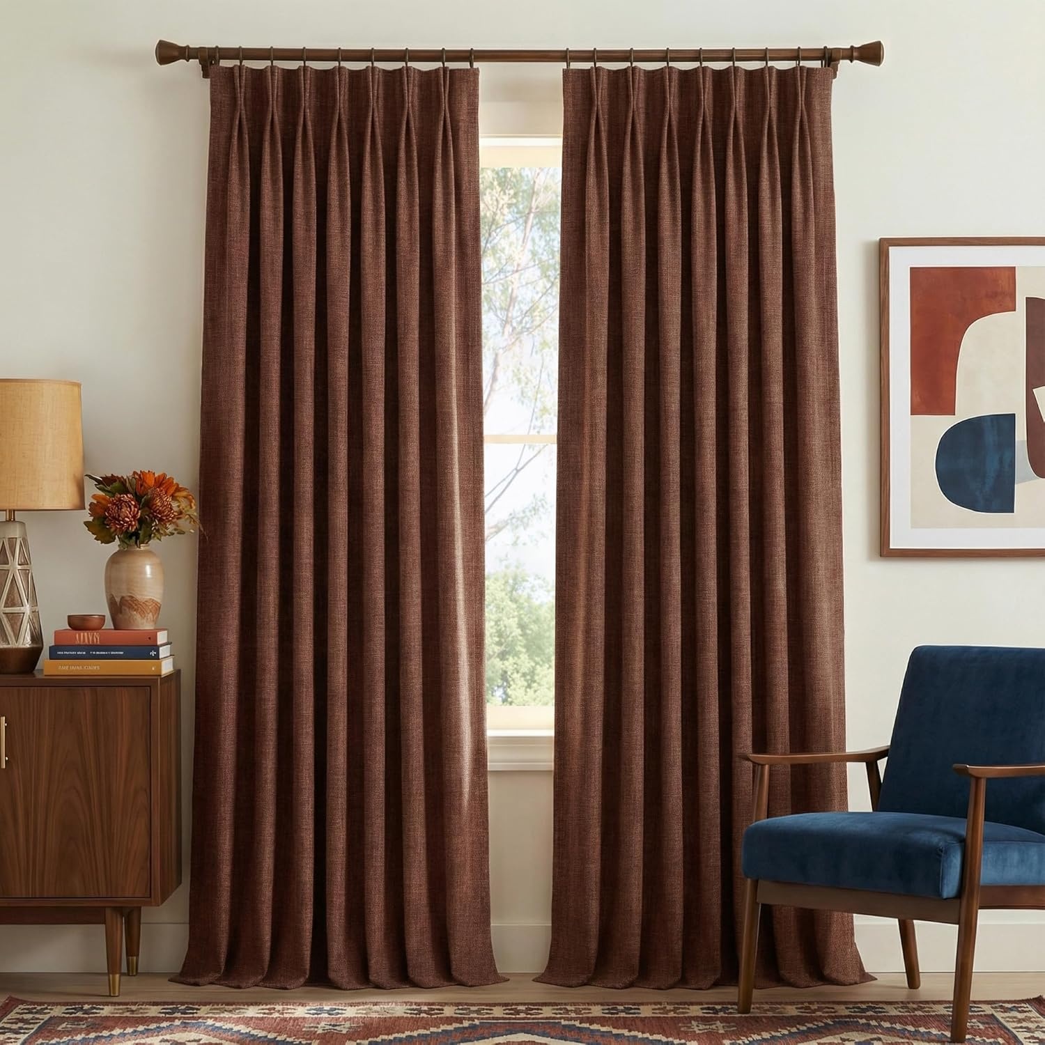 image:imageNICETOWN Vintage Olive Dark Green Pinch Pleated Linen Curtains 90 inch LongEarthy Terracotta
