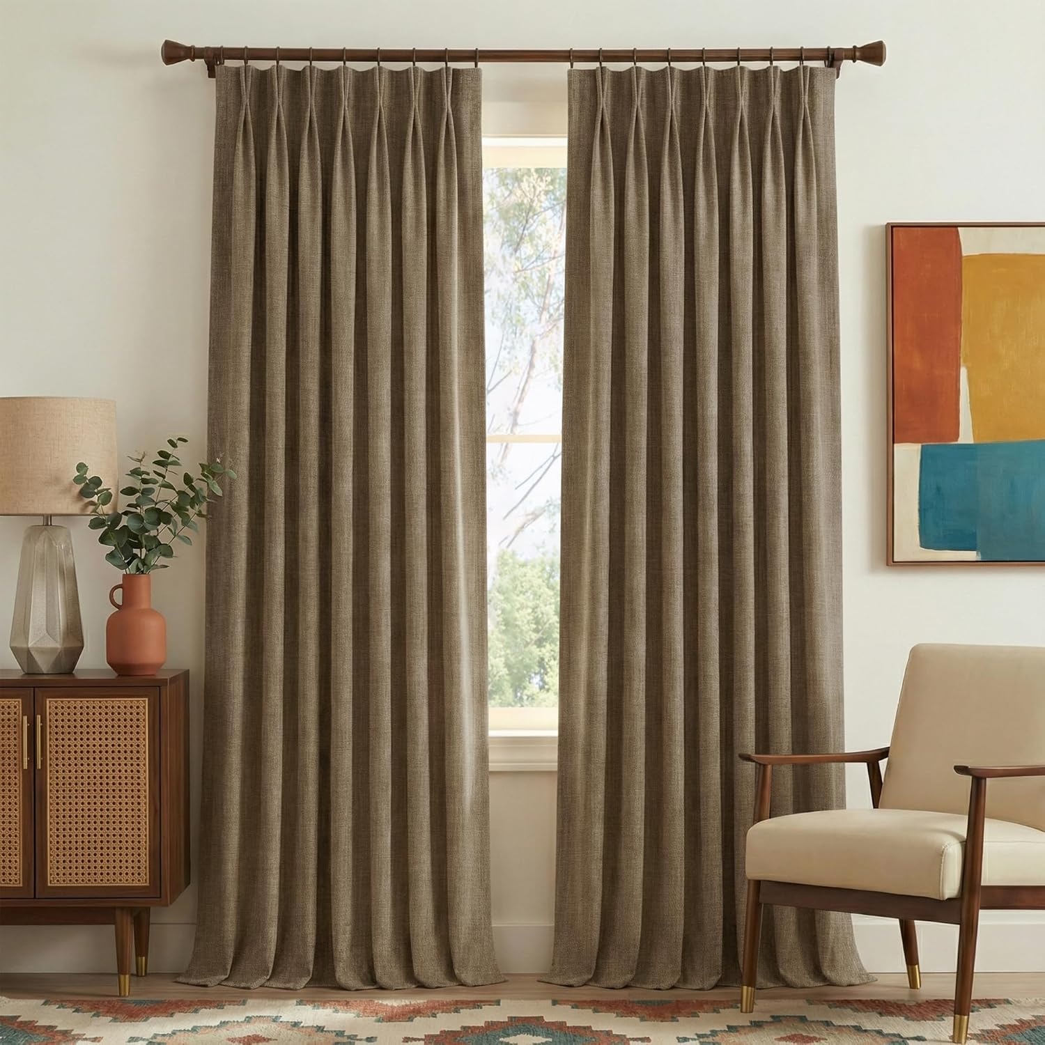image:imageNICETOWN Vintage Olive Dark Green Pinch Pleated Linen Curtains 90 inch LongHazelnut Brown