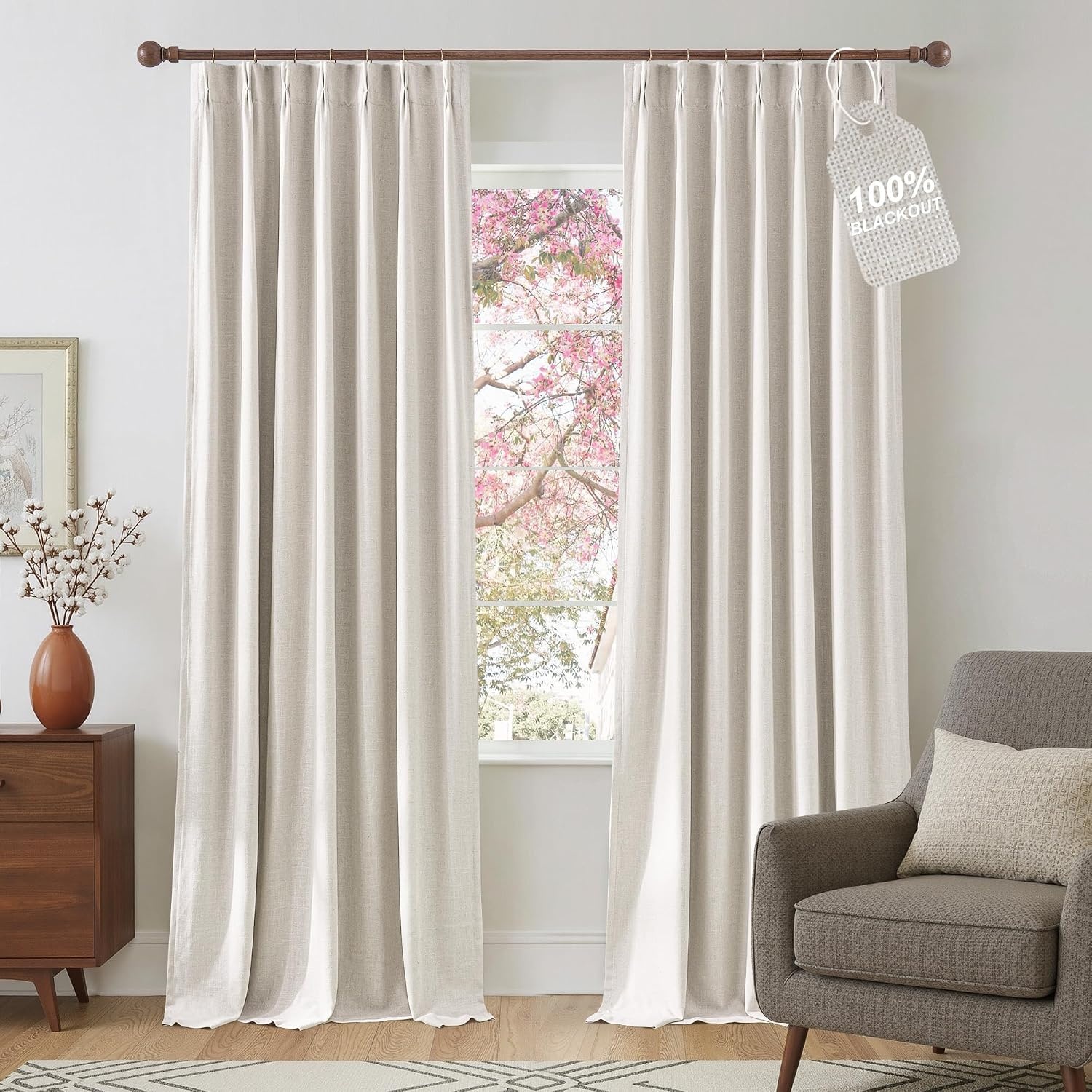 image:imageNICETOWN Vintage Olive Dark Green Pinch Pleated Linen Curtains 90 inch LongNatural