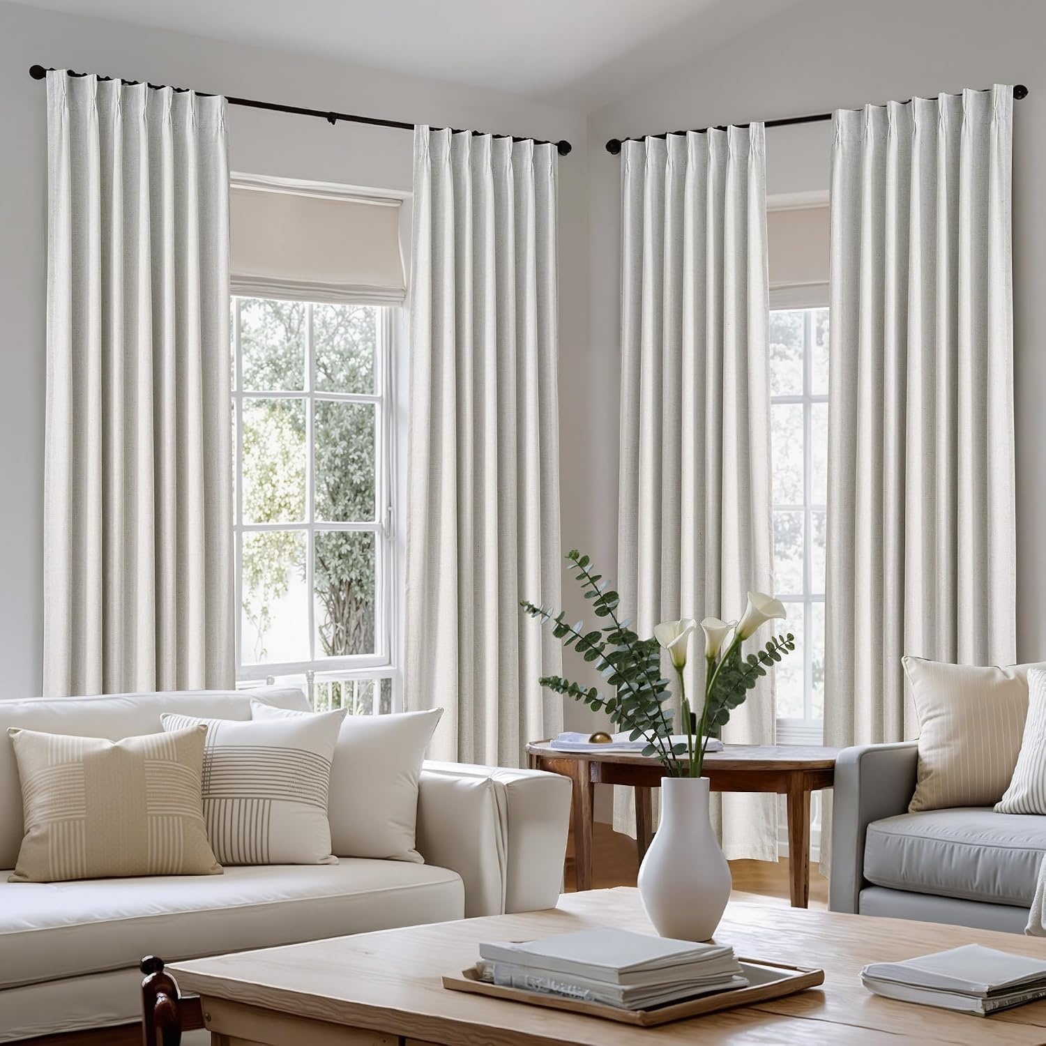 image:imageNICETOWN Vintage Olive Dark Green Pinch Pleated Linen Curtains 90 inch LongNatural