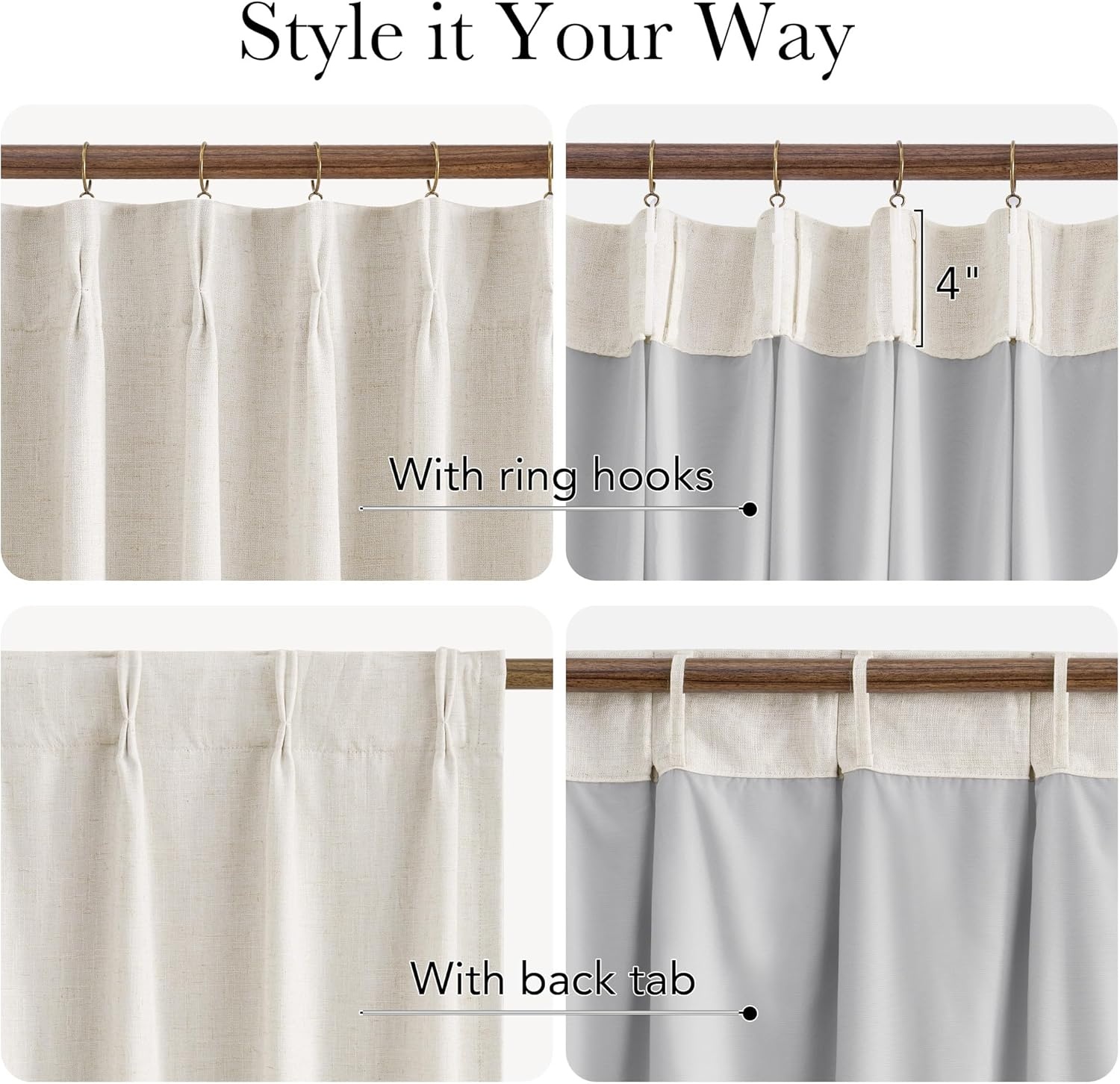 image:imageNICETOWN Vintage Olive Dark Green Pinch Pleated Linen Curtains 90 inch LongNatural