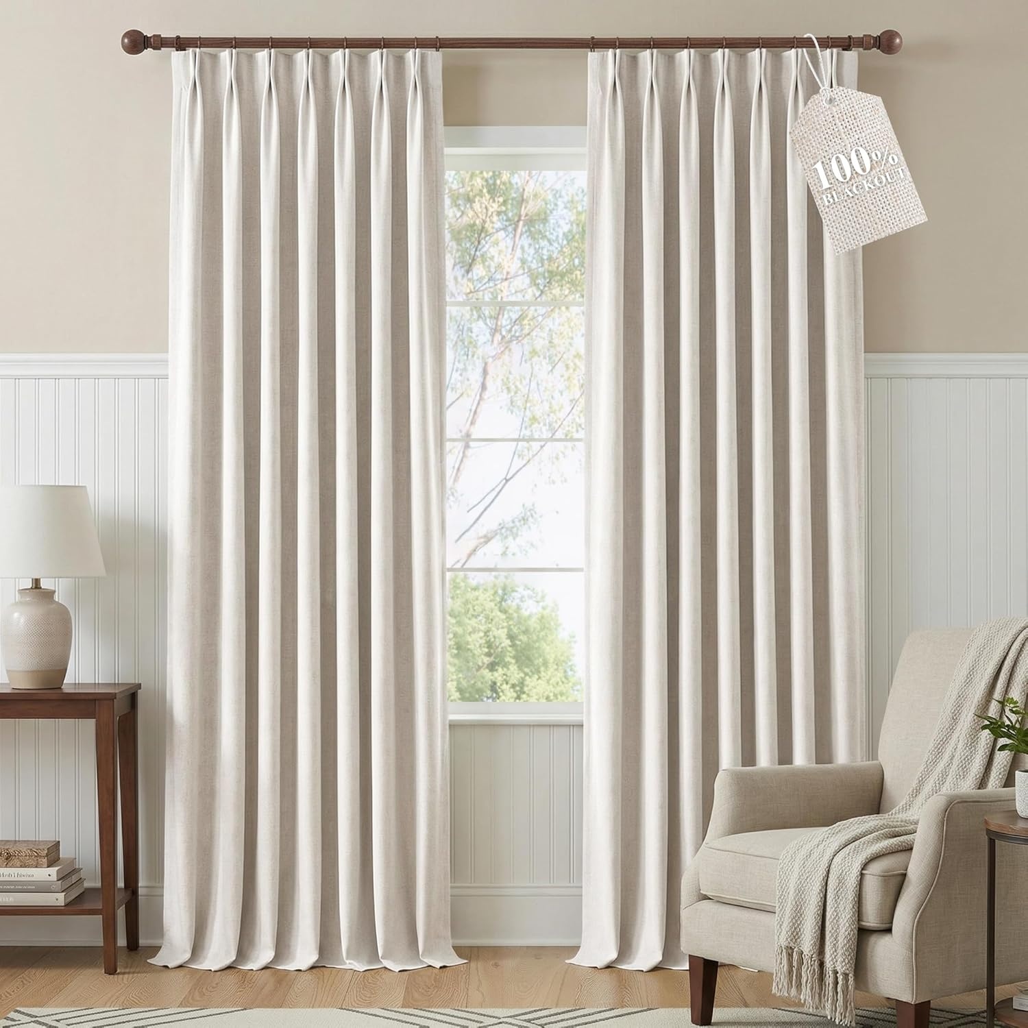 image:imageNICETOWN Vintage Olive Dark Green Pinch Pleated Linen Curtains 90 inch LongNatural