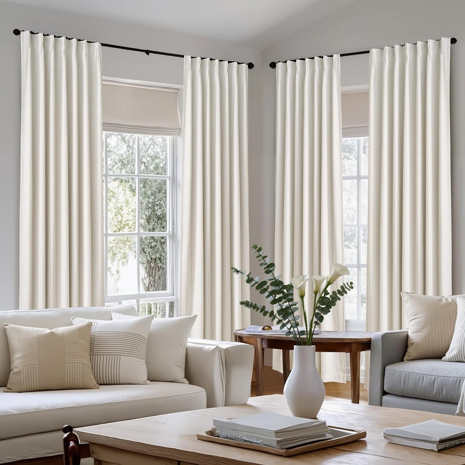 image:imageNICETOWN Vintage Olive Dark Green Pinch Pleated Linen Curtains 90 inch LongNatural