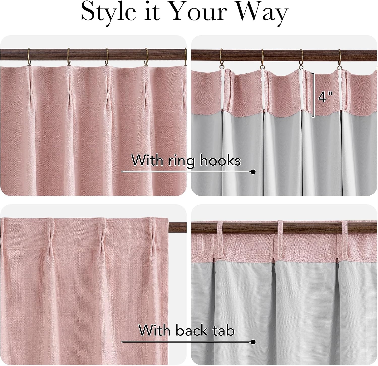 image:imageNICETOWN Vintage Olive Dark Green Pinch Pleated Linen Curtains 90 inch LongPink