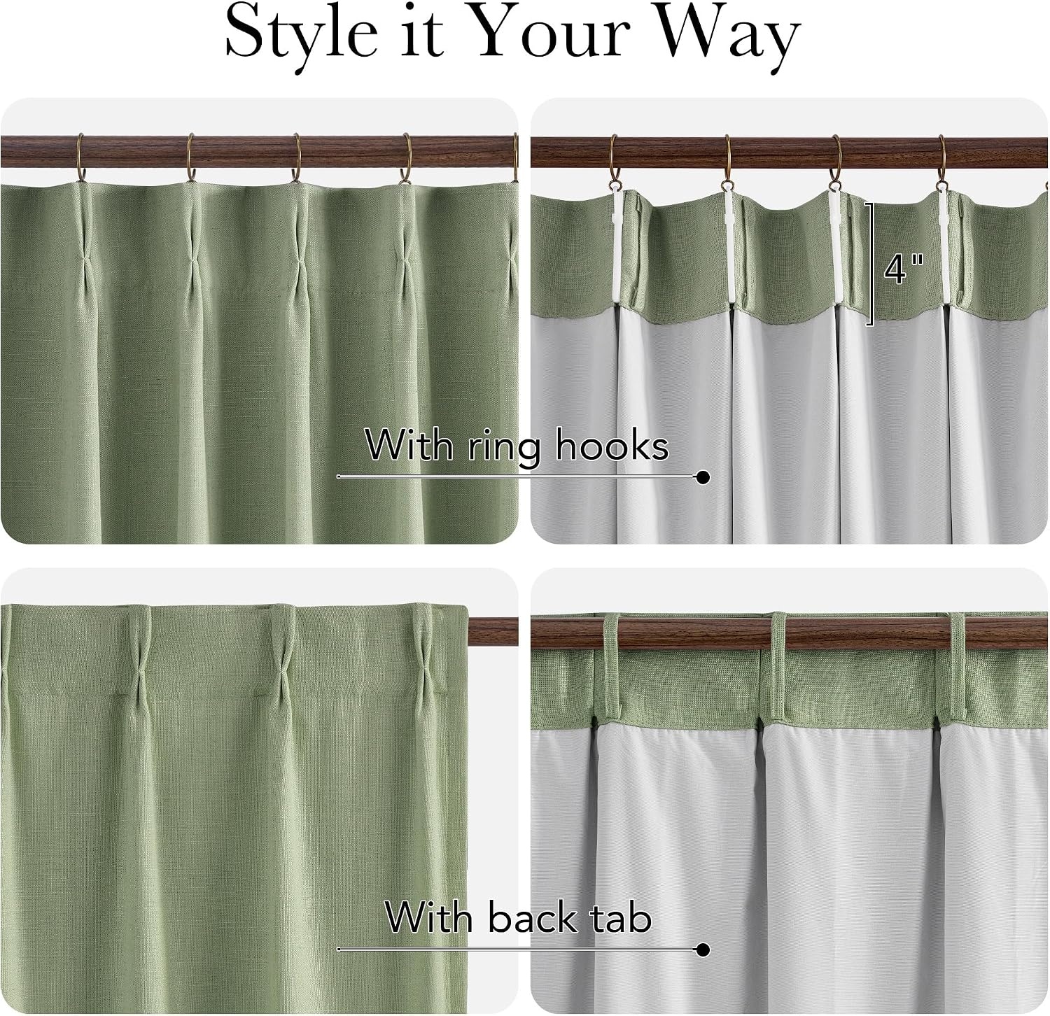 image:imageNICETOWN Vintage Olive Dark Green Pinch Pleated Linen Curtains 90 inch LongSage Green