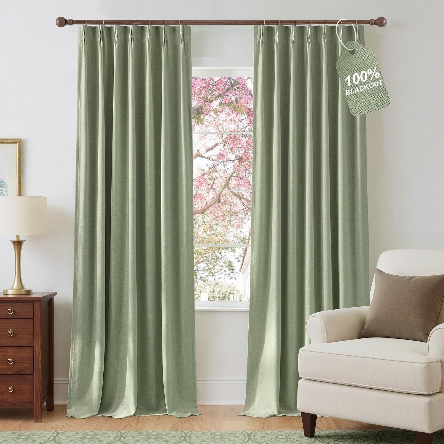 image:imageNICETOWN Vintage Olive Dark Green Pinch Pleated Linen Curtains 90 inch LongSage Green